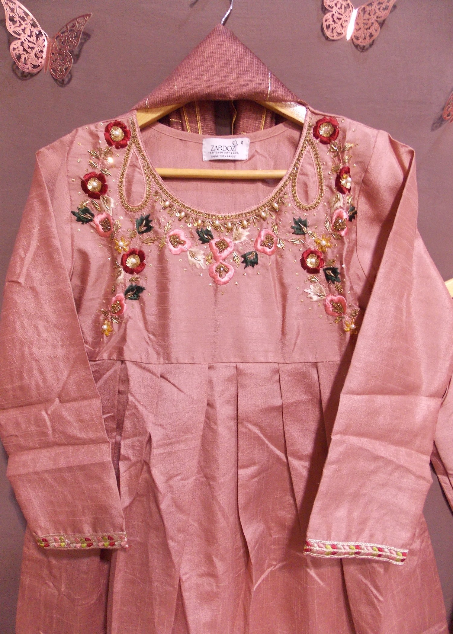 raw silk Short Frock in Peach pink