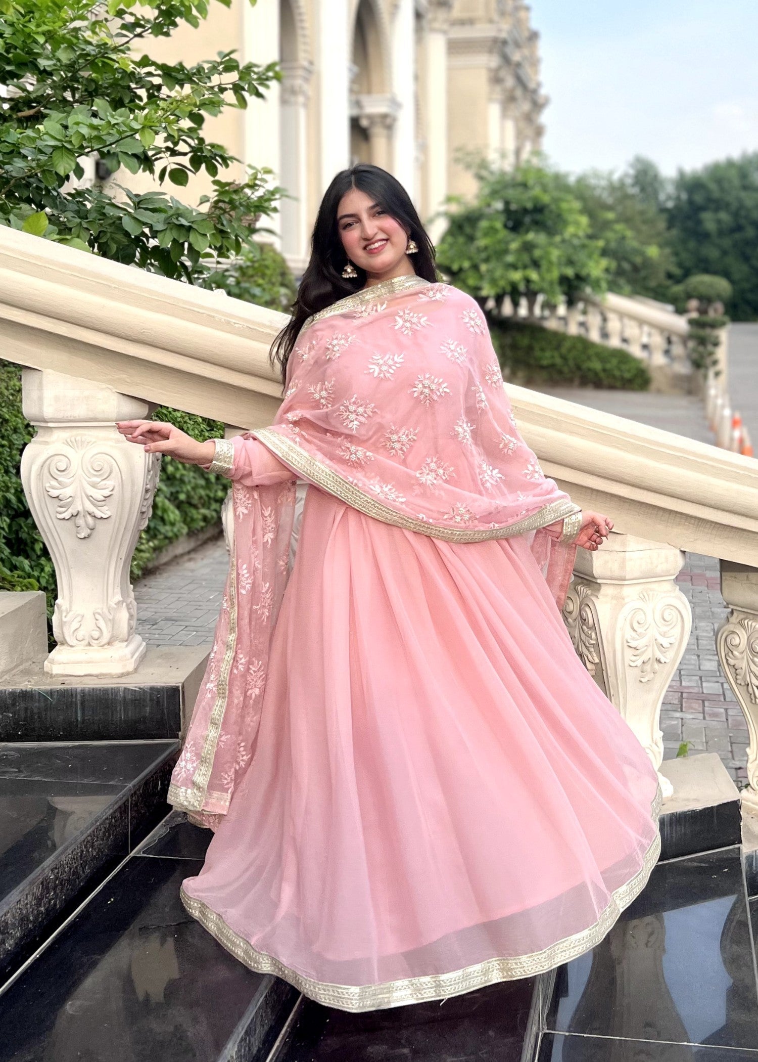 bemberg crinkle chiffon Anarkali in Pastel pink