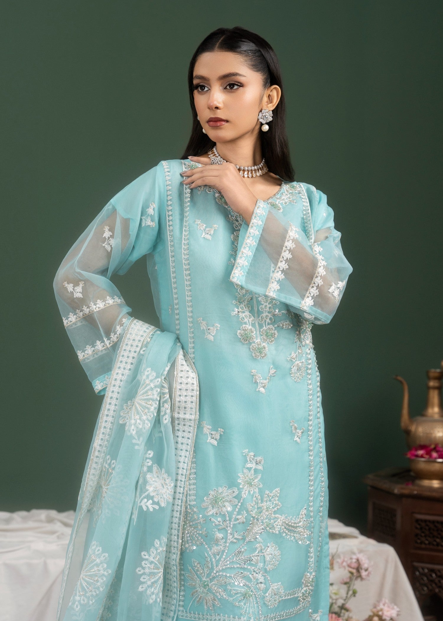 organza Kurta Set in Light blue