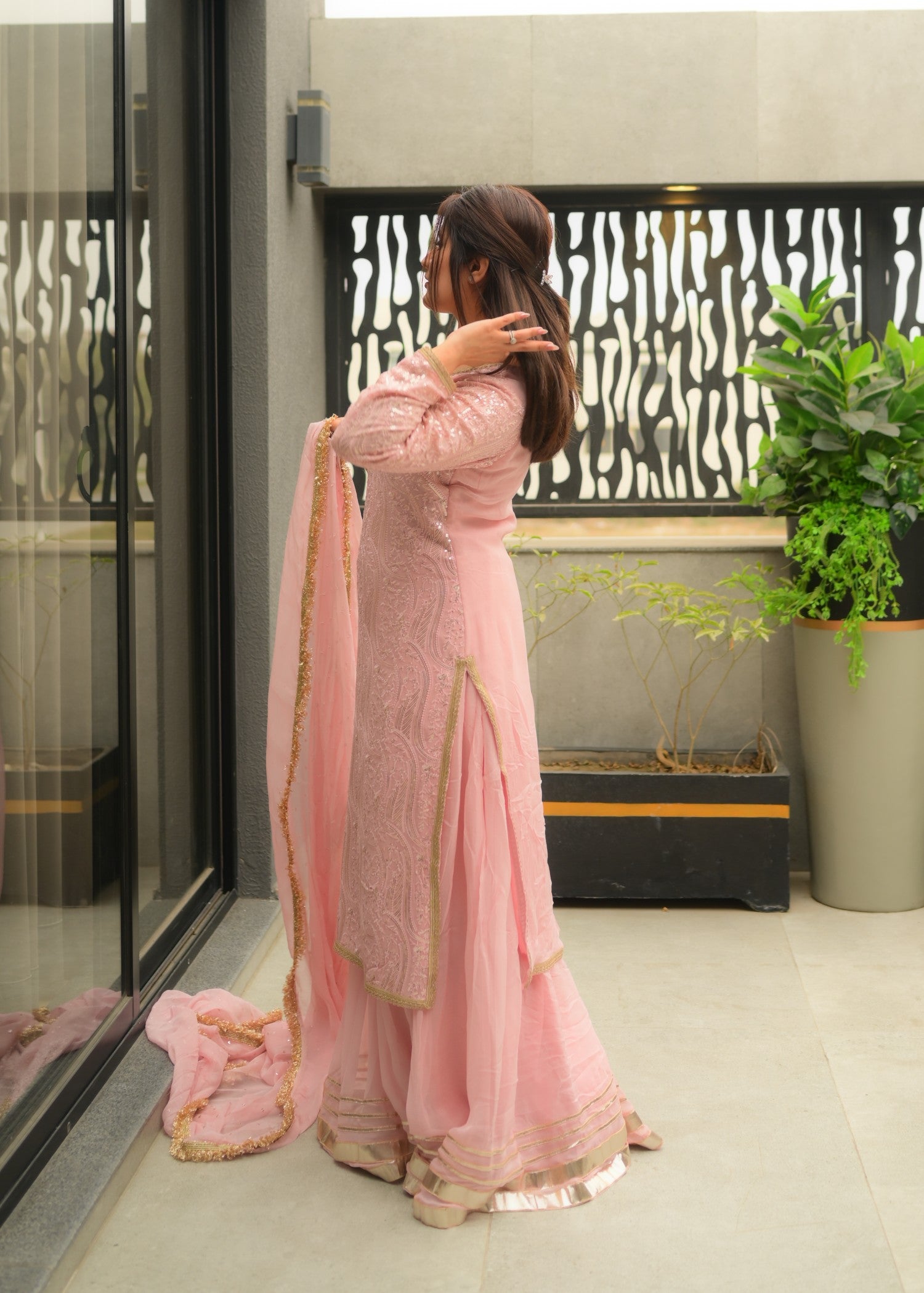 bemberg crinkle chiffon Sharara in Pink