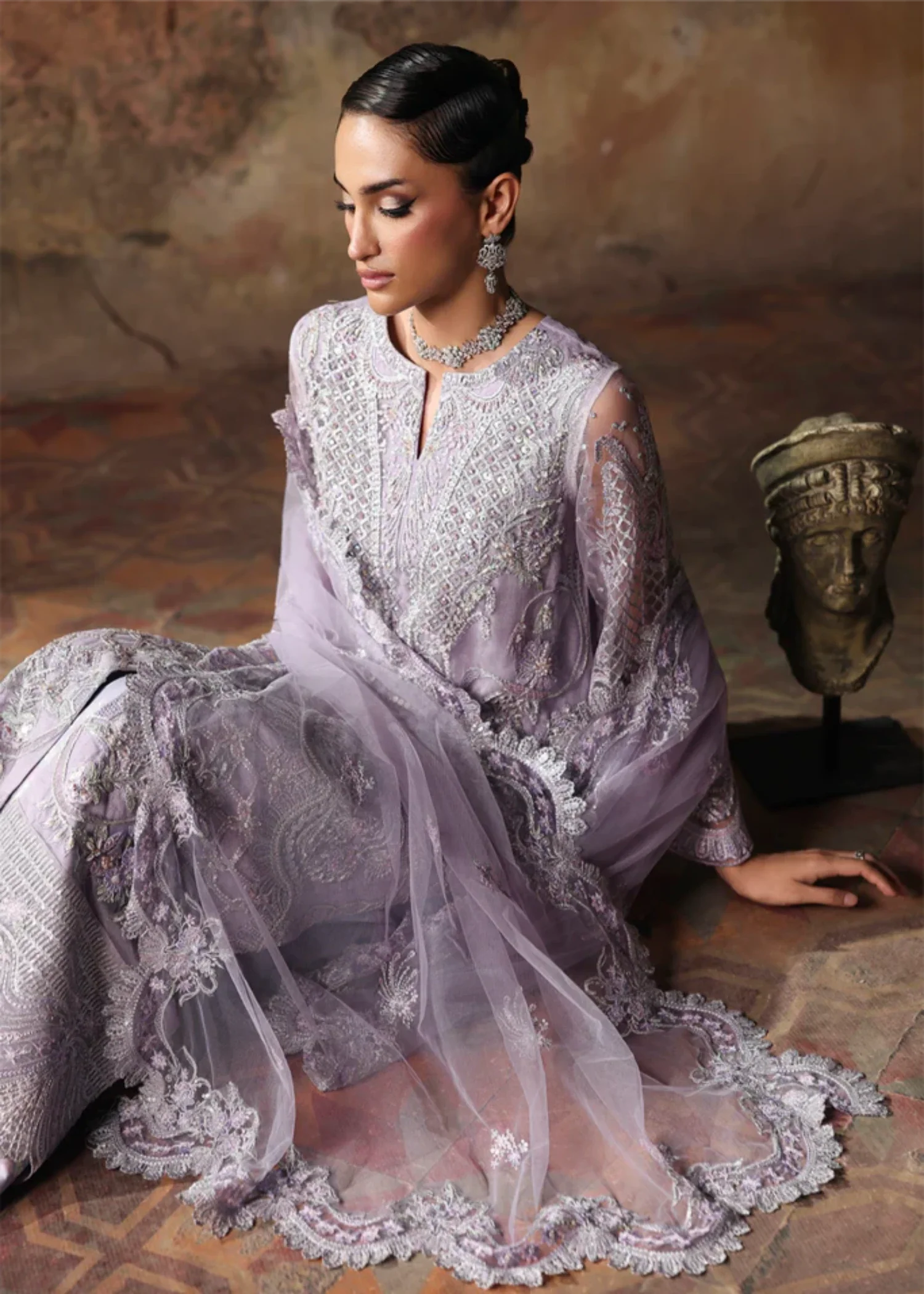 net Kurta Set in Lilac