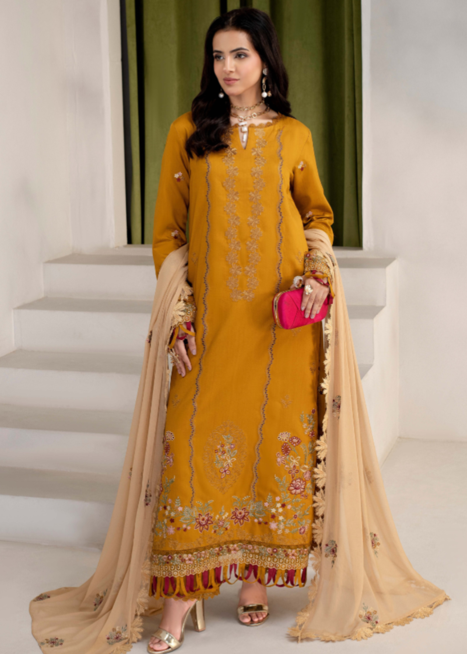 viscose Unstitched in Mari gold, wheat