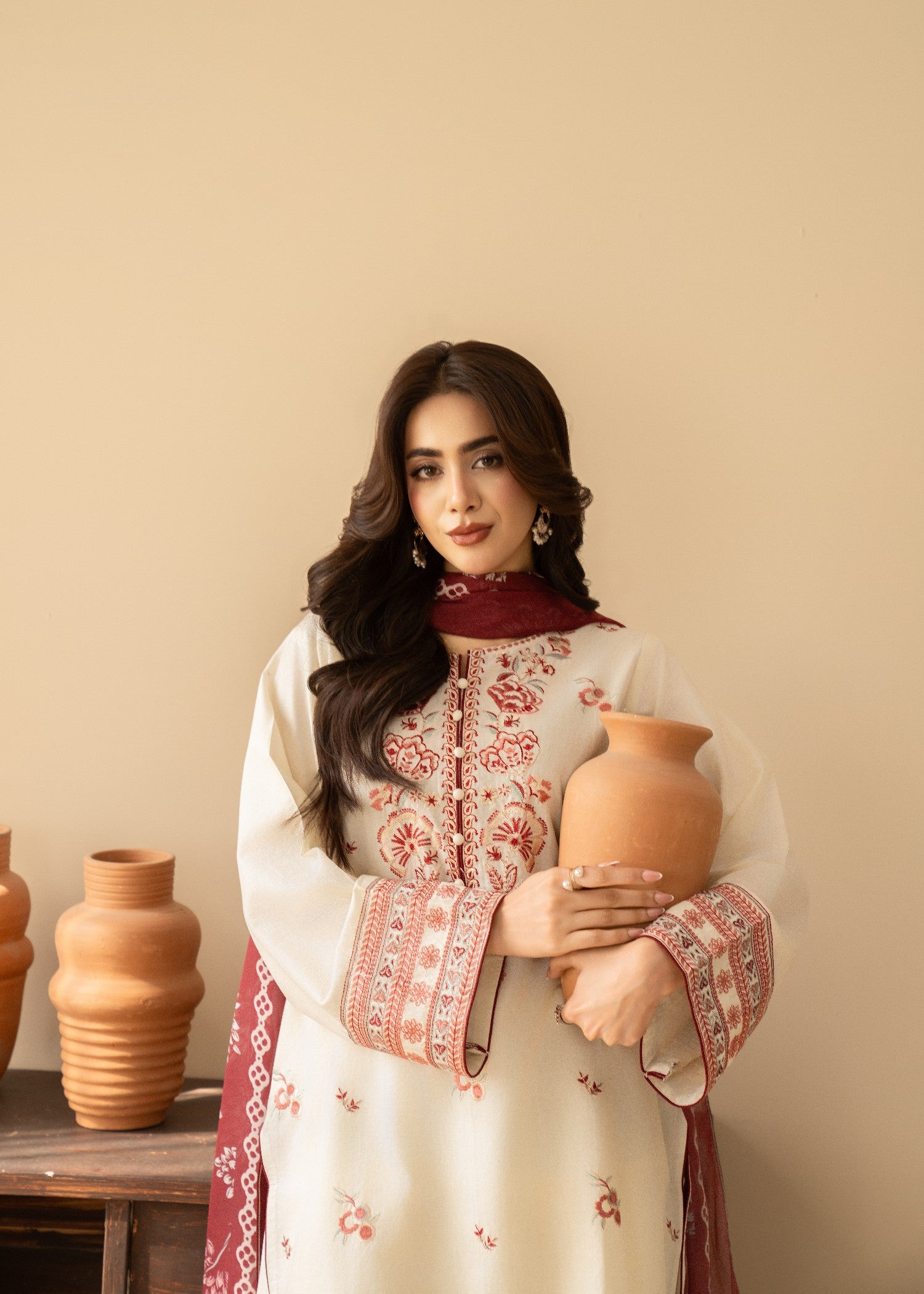 lawn cotton Kurta Set in Ivory