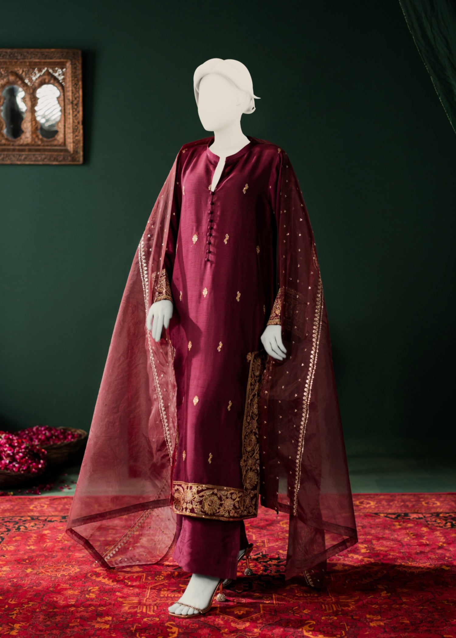 korean raw silk Kurta Set in Burgundy