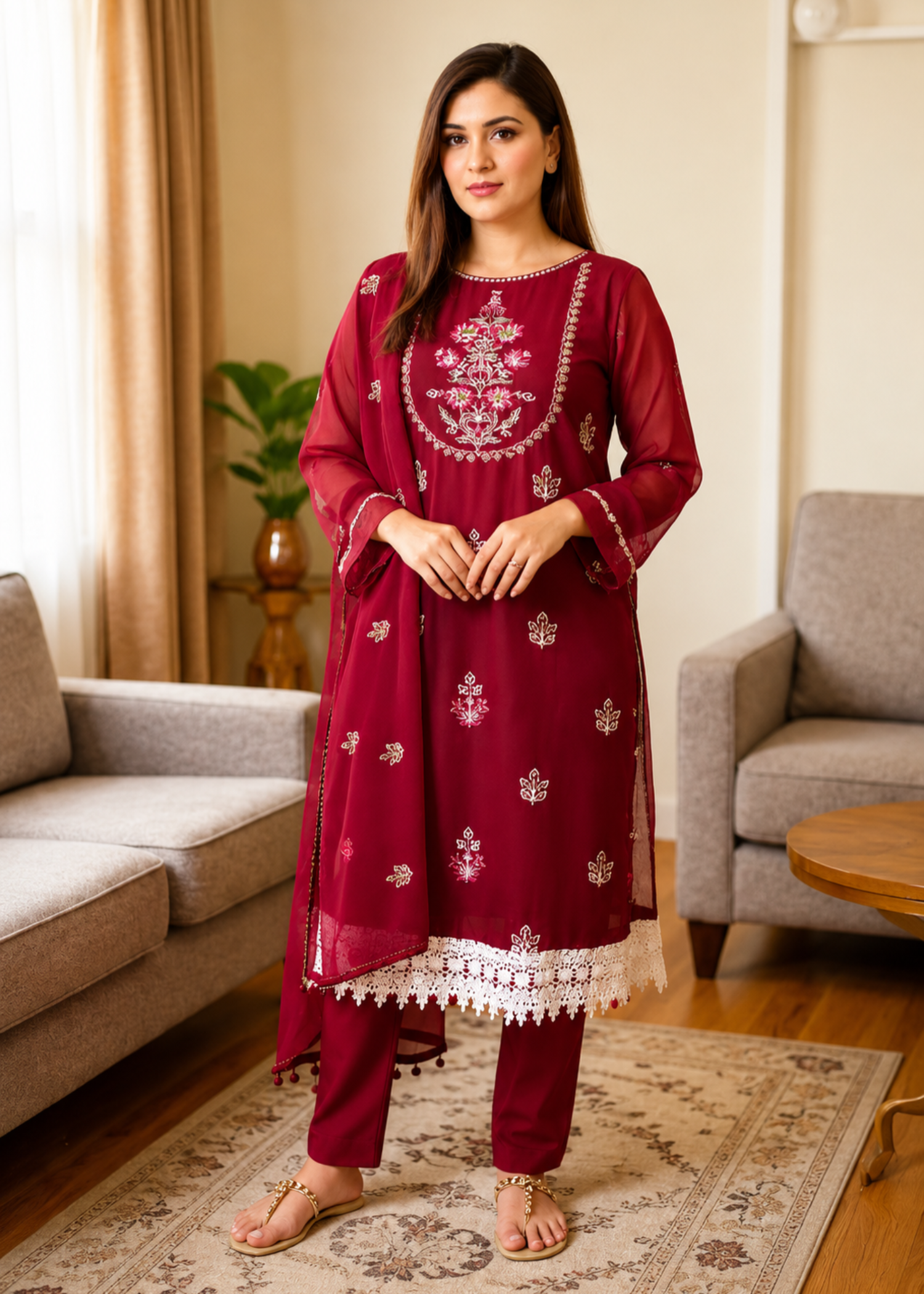 chiffon Kurta Set in Maroon