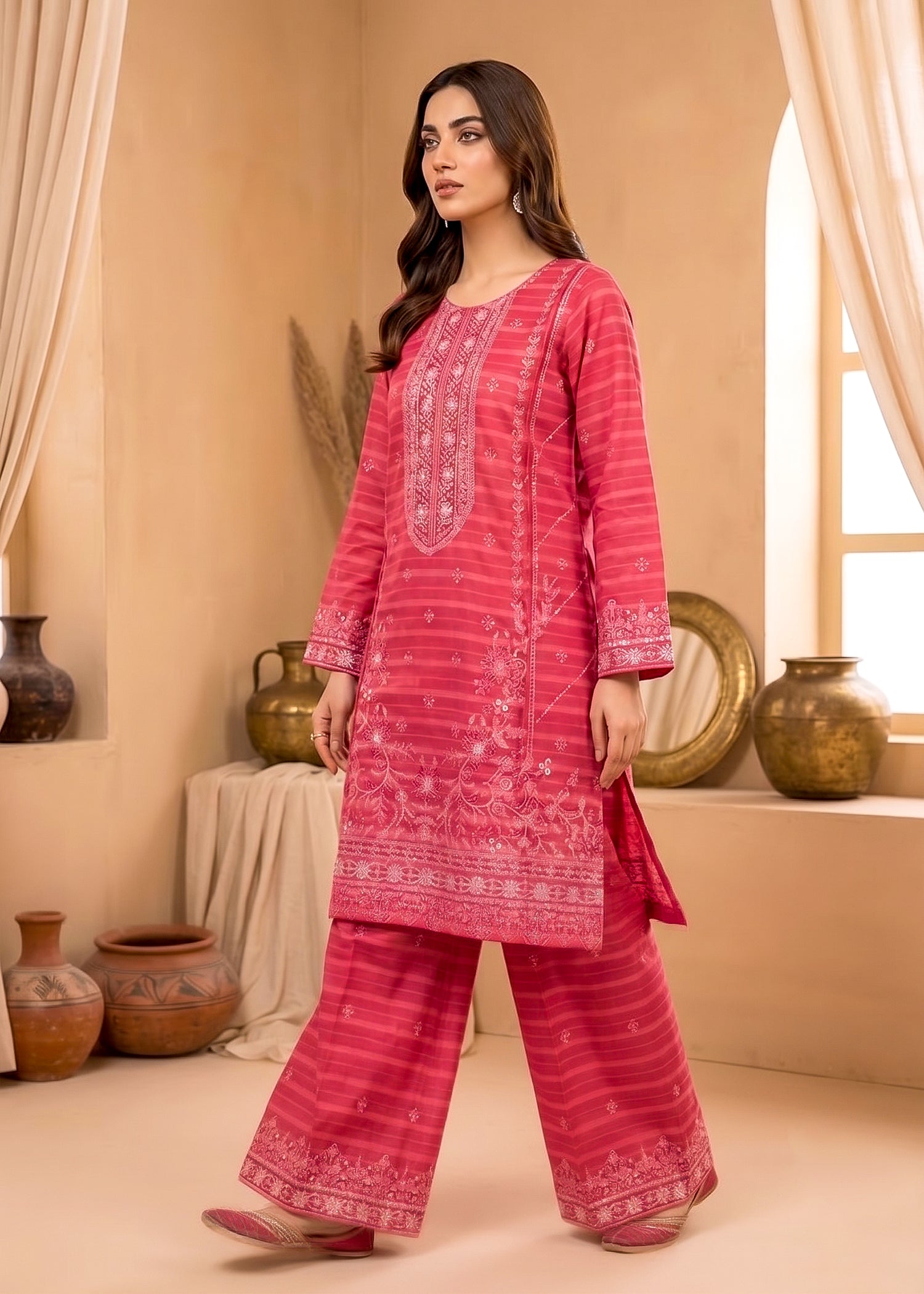 cotton jacquard Kurta Set in Hot pink