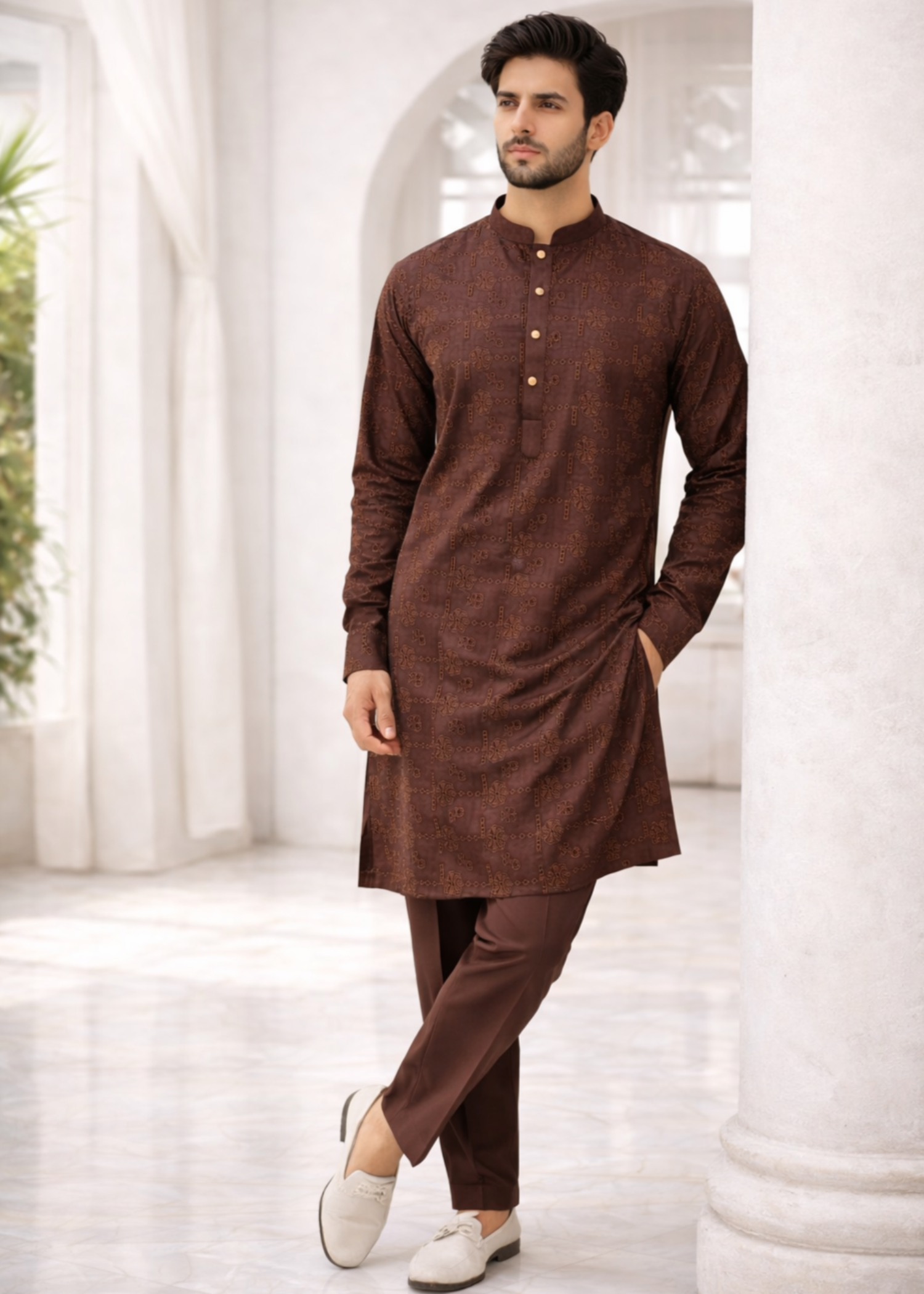 chikankari cotton Kurta Set in Coffee brown
