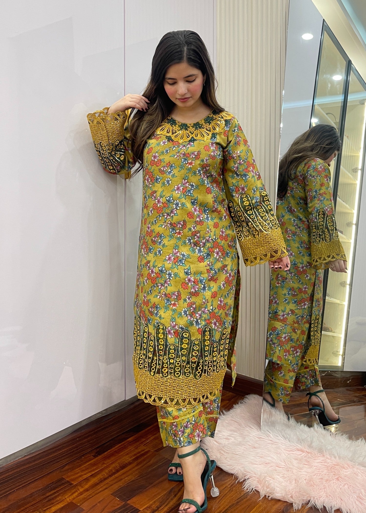 cambric Kurta Set in Yellow green