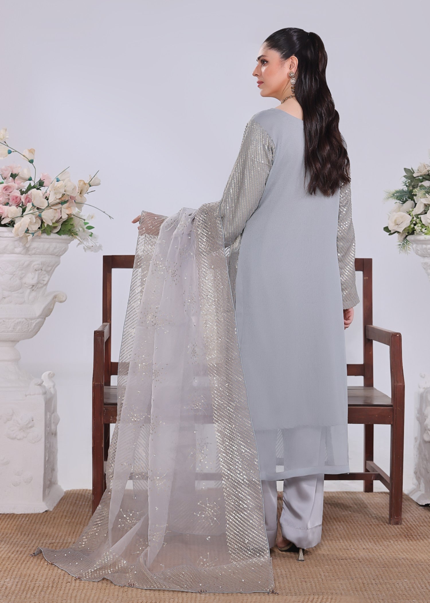 chiffon Kurta Set in Ash grey
