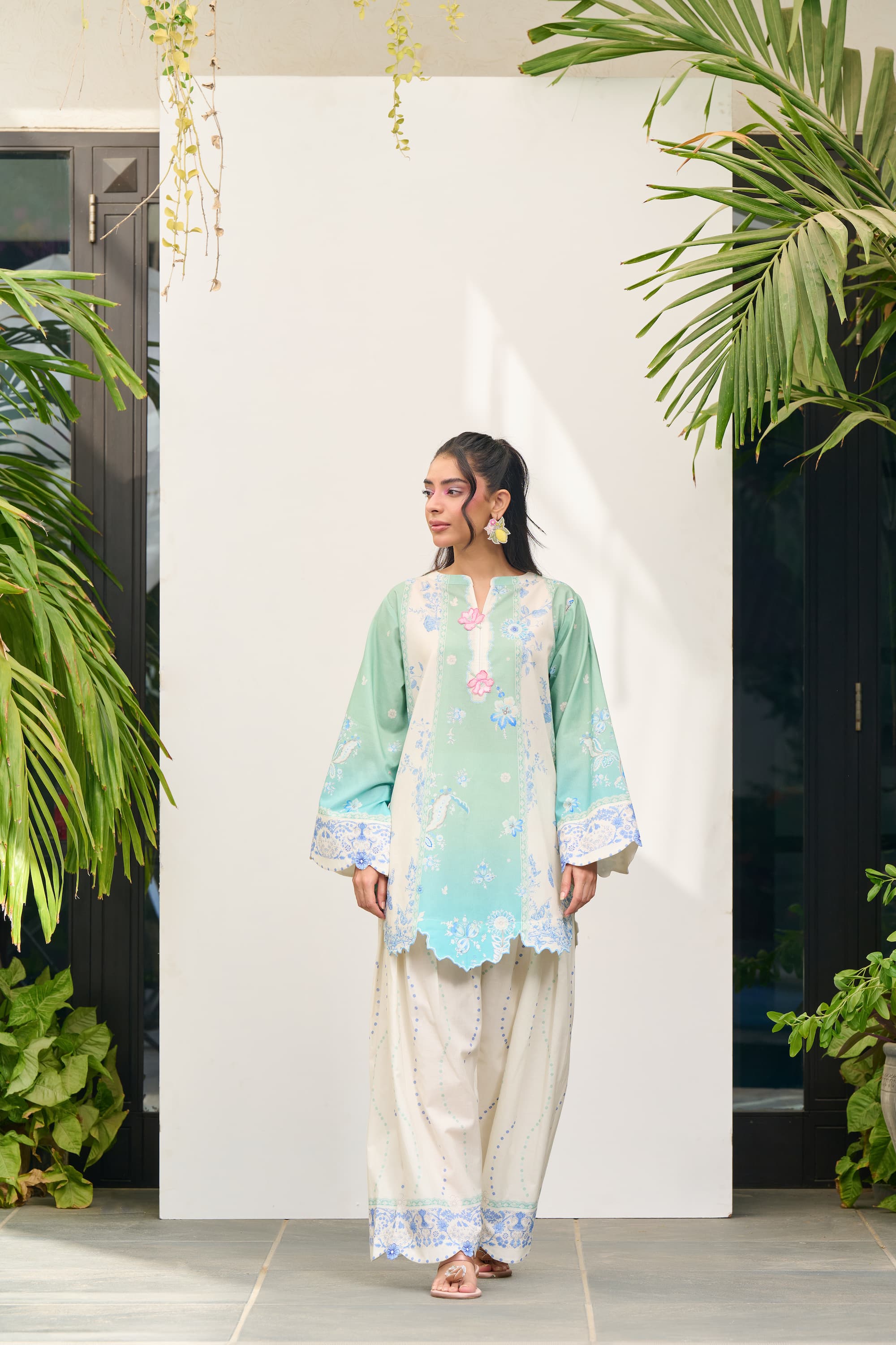 lawn Kurta Set in Ivory, mint green