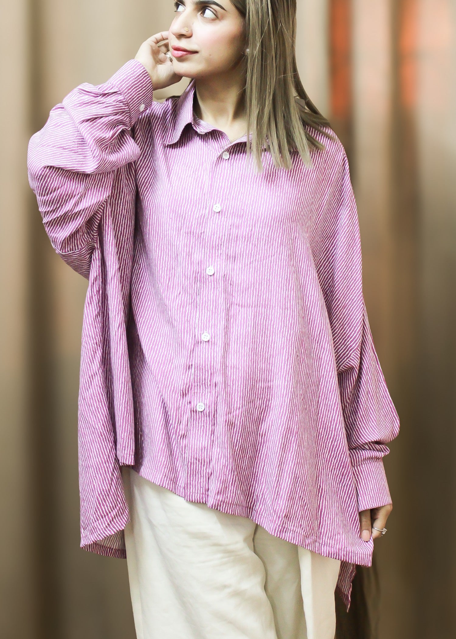 linen Top in Ice blue, pink