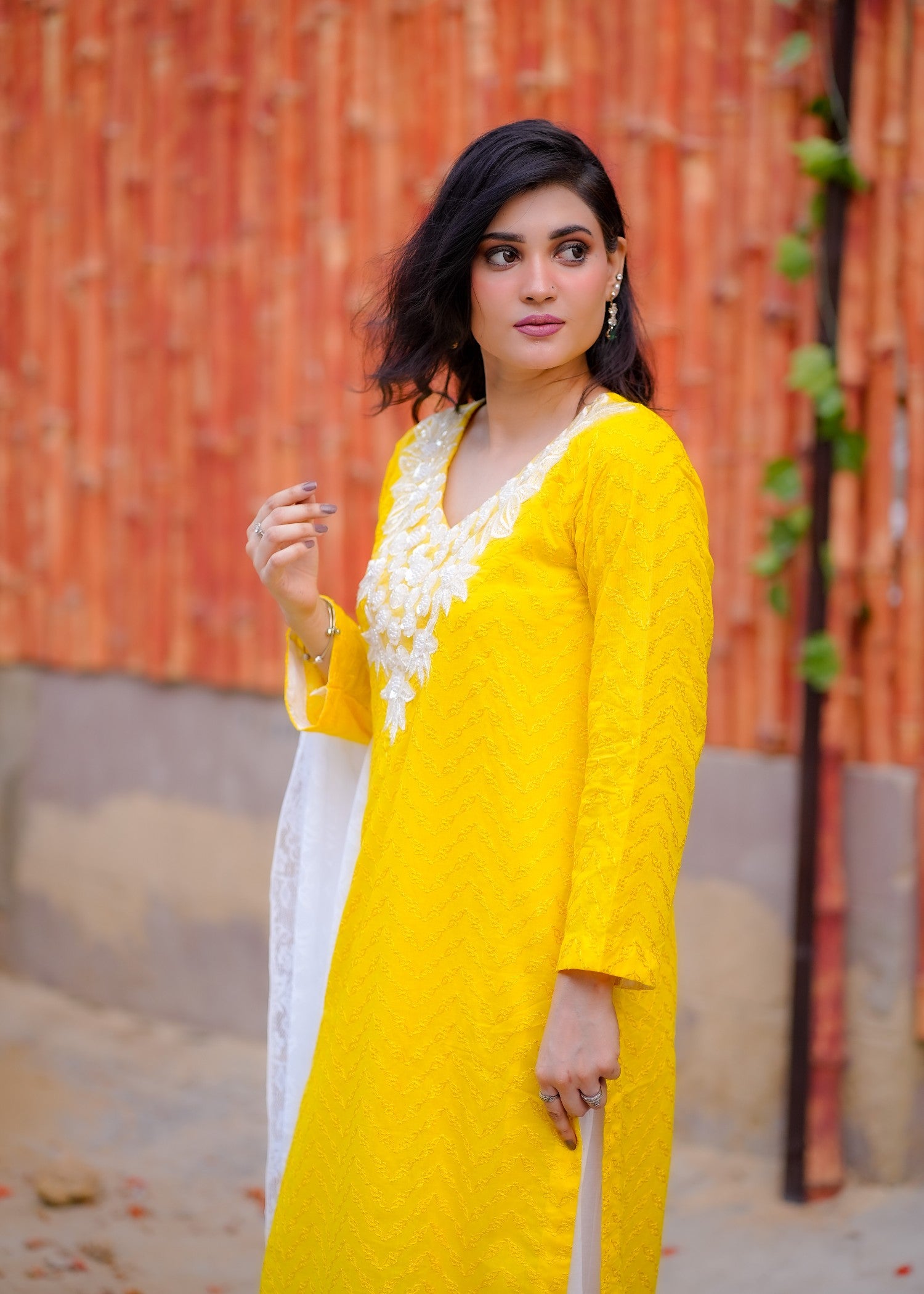 chikankari cotton Kurta Set in Lemon