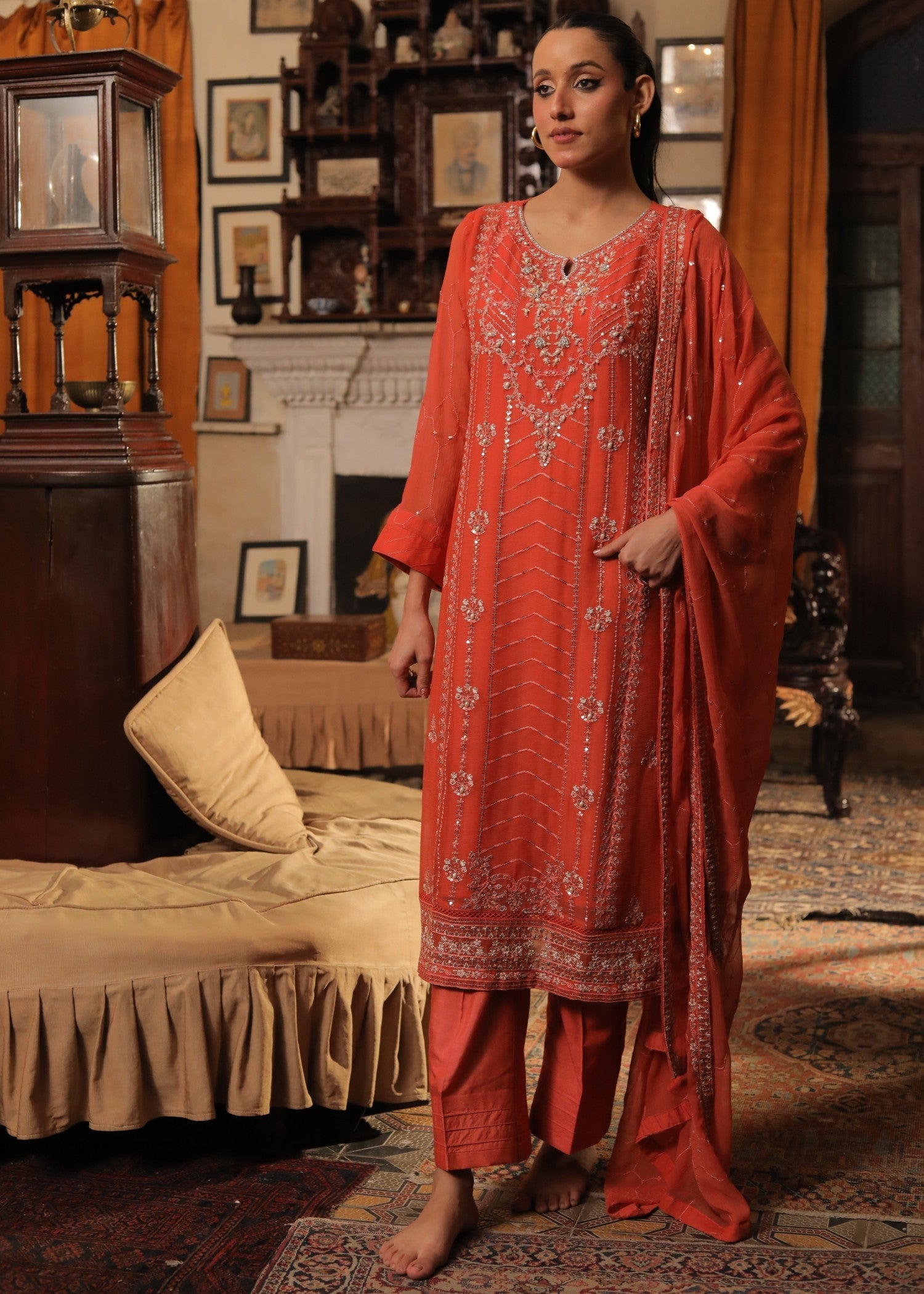 raw silk Kurta Set in Coral orange