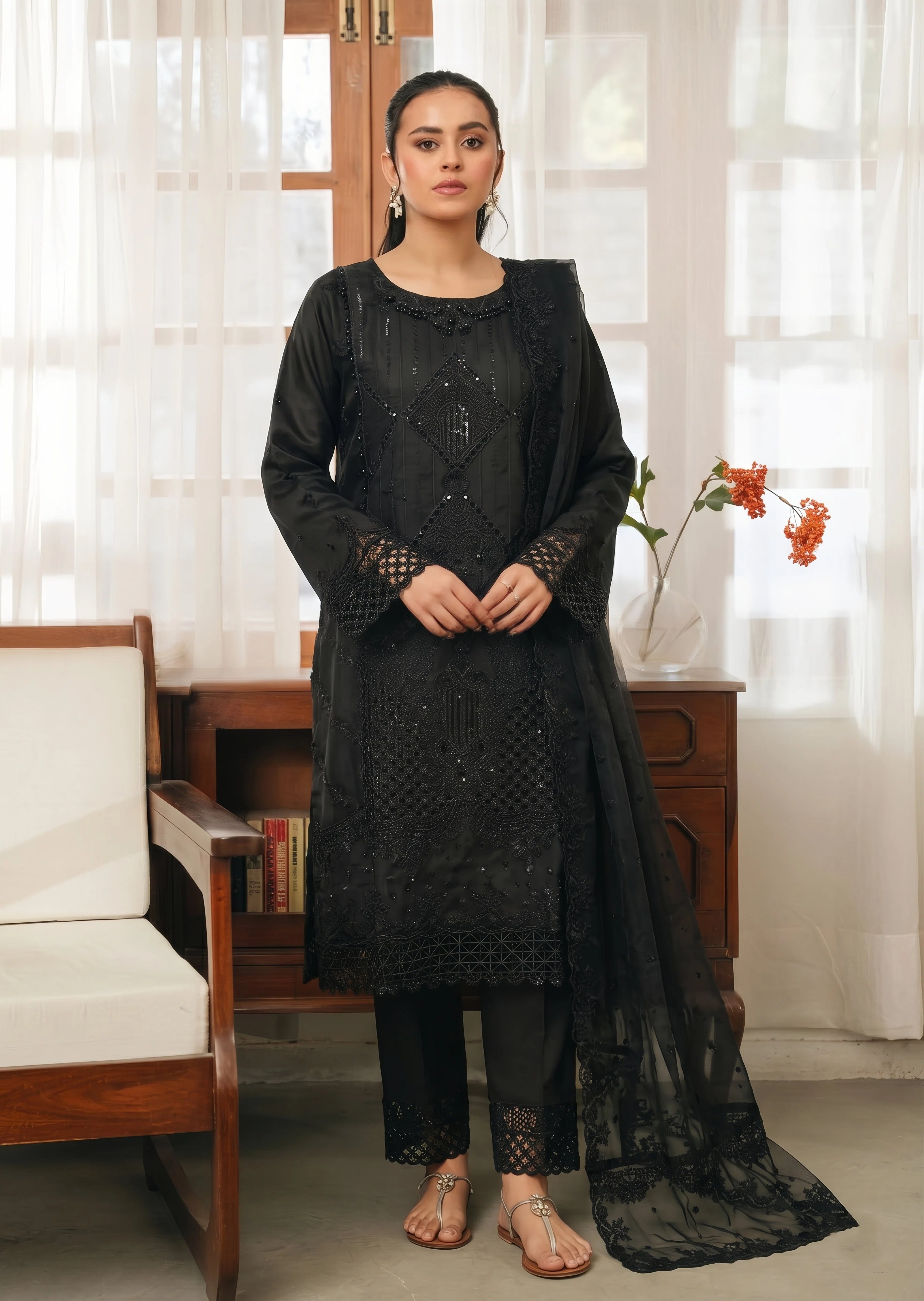 organza Kurta Set in Jet black