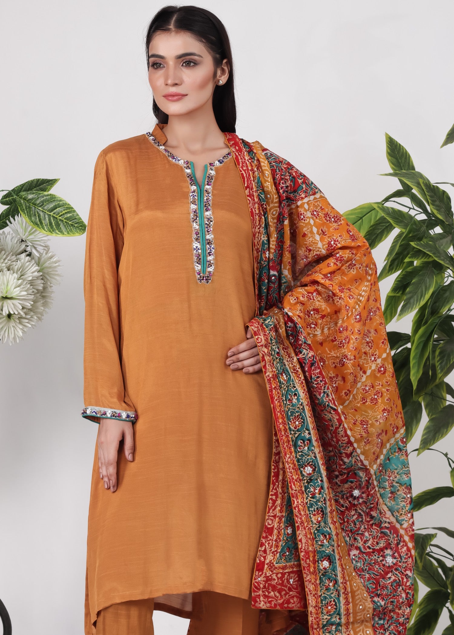 raw silk Kurta Set in Bright orange