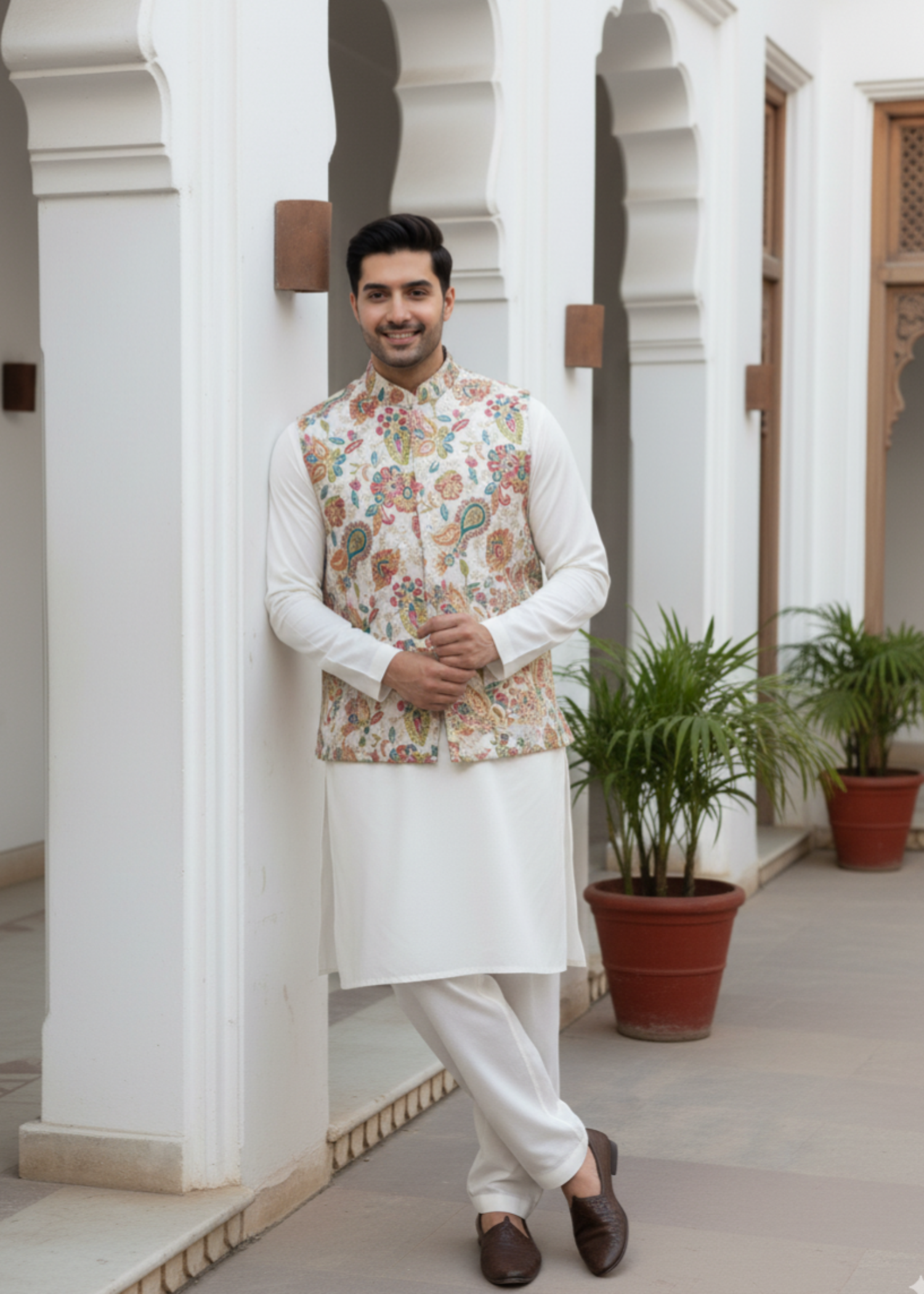 silk cotton net Waistcoat in Multi by J Pardesi