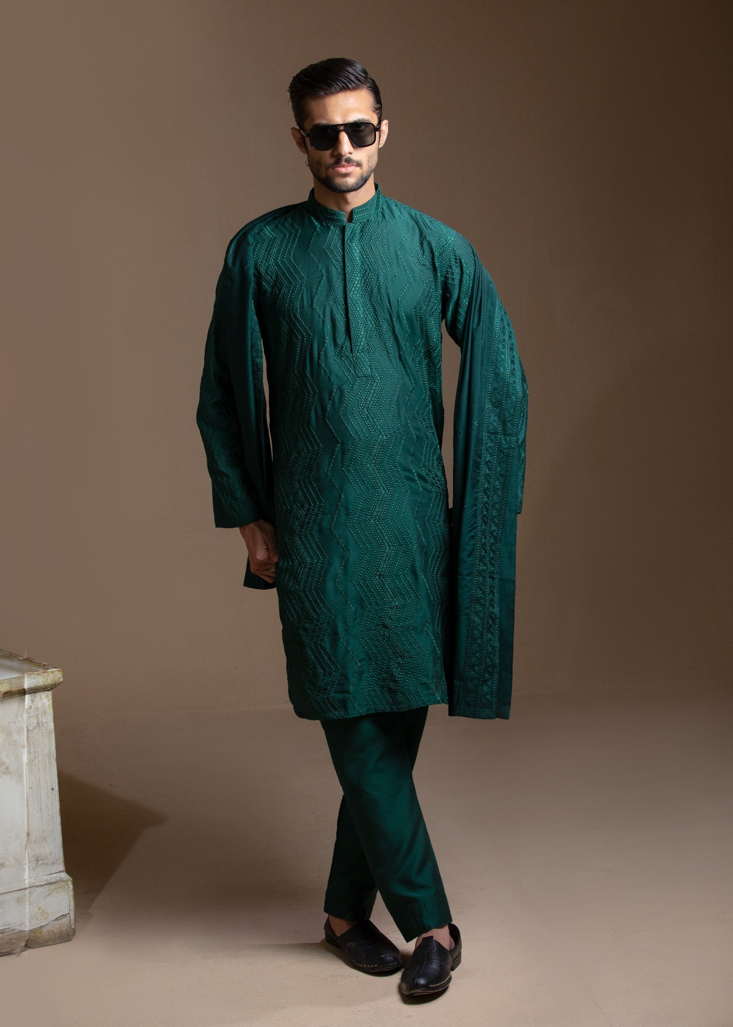 cotton silk Kurta Set in Dark green