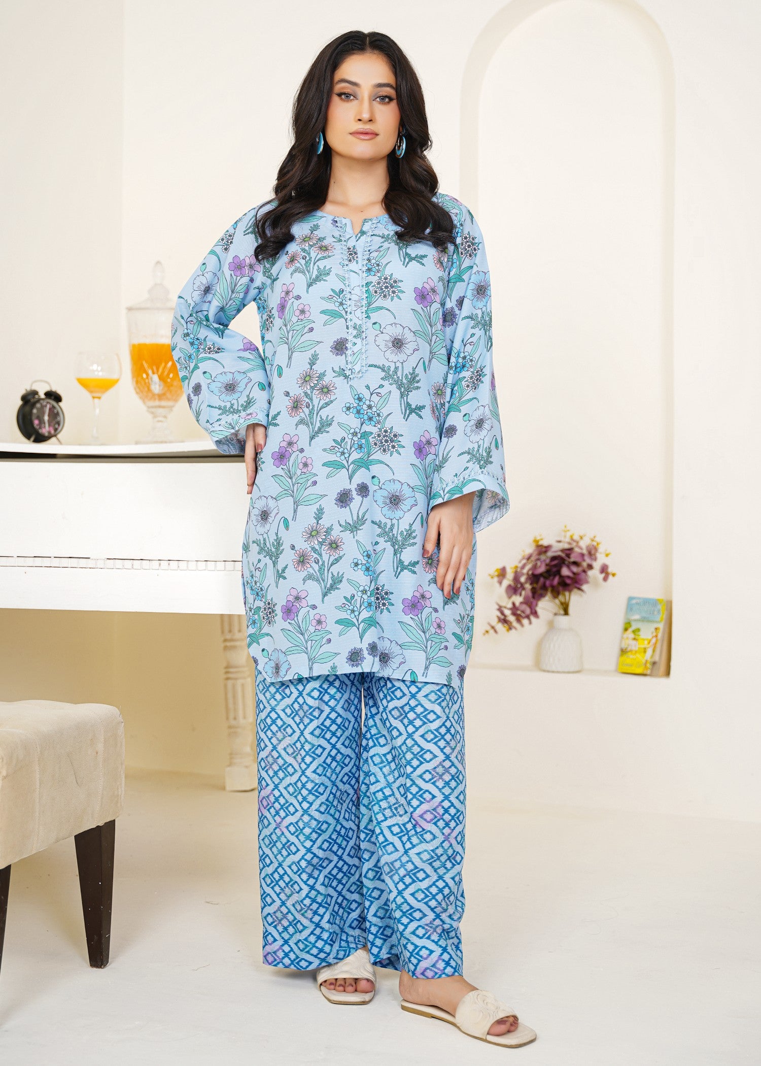 slub cambric Kurta Set in Sky blue