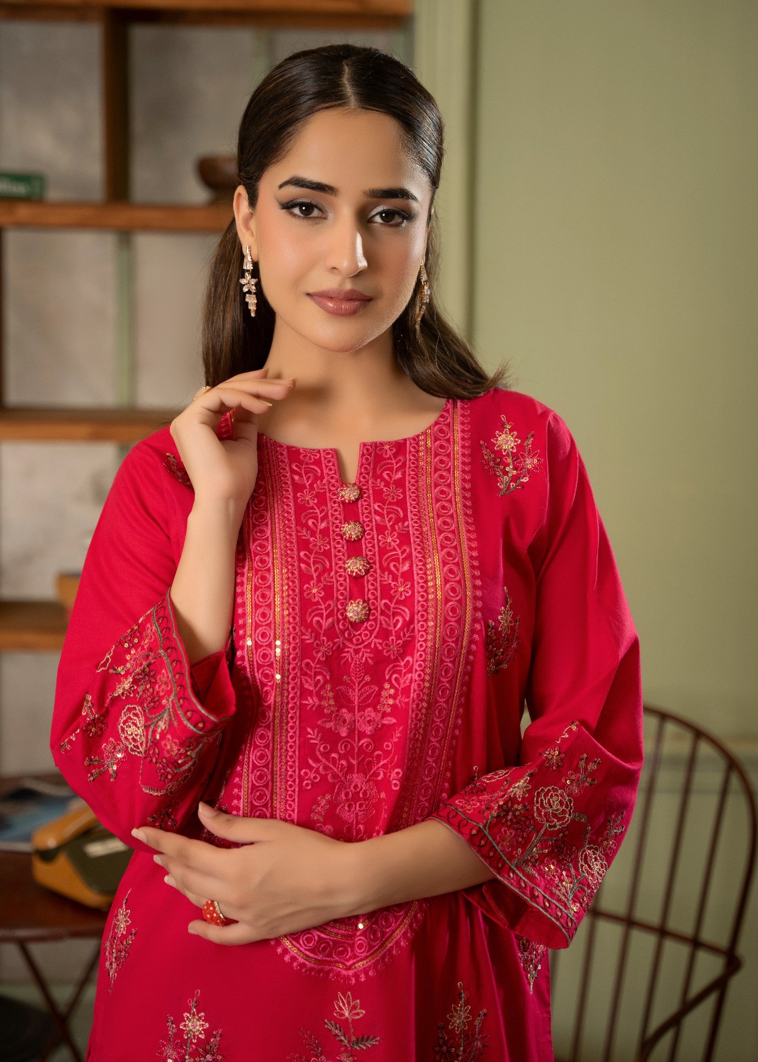 lawn cotton Kurta Set in Raspberry pink