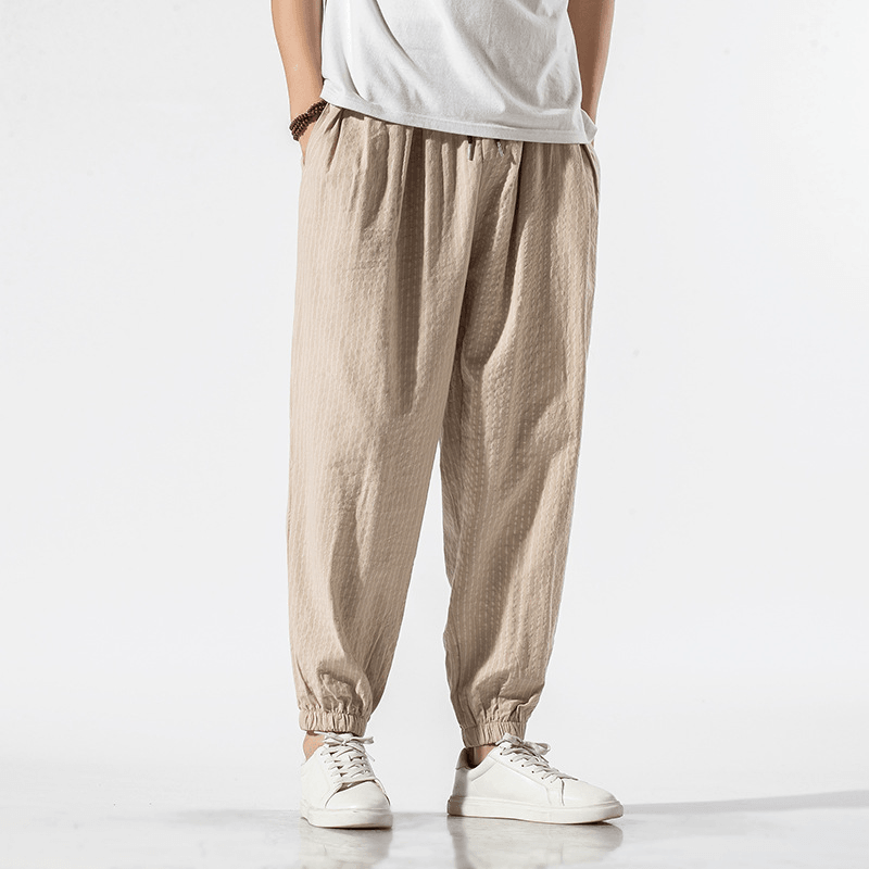 Chinese Style Cotton and Linen Casual Pants Men'S Loose Striped Wide-Leg Lamp