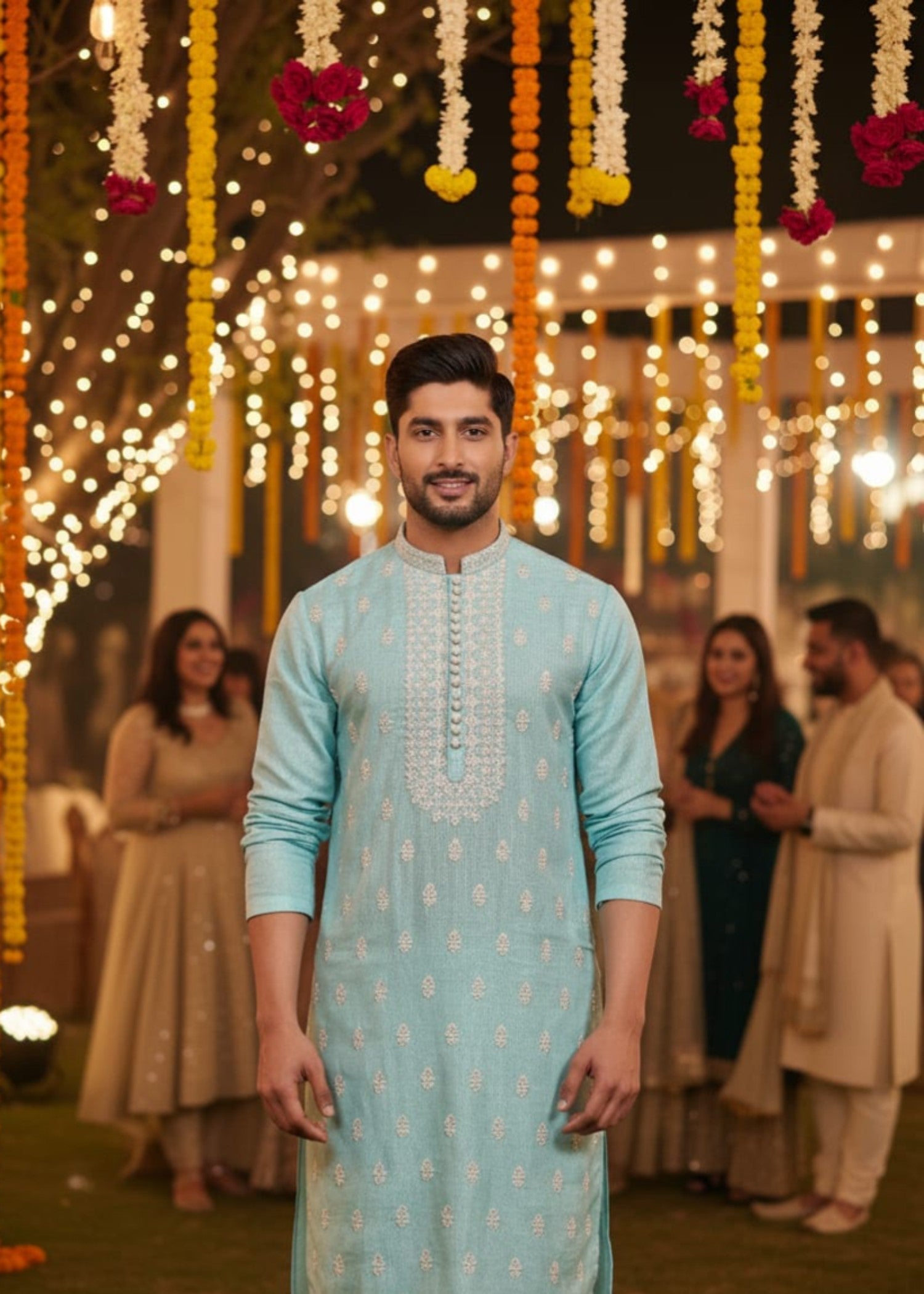raw silk Kurta Set in Frost blue