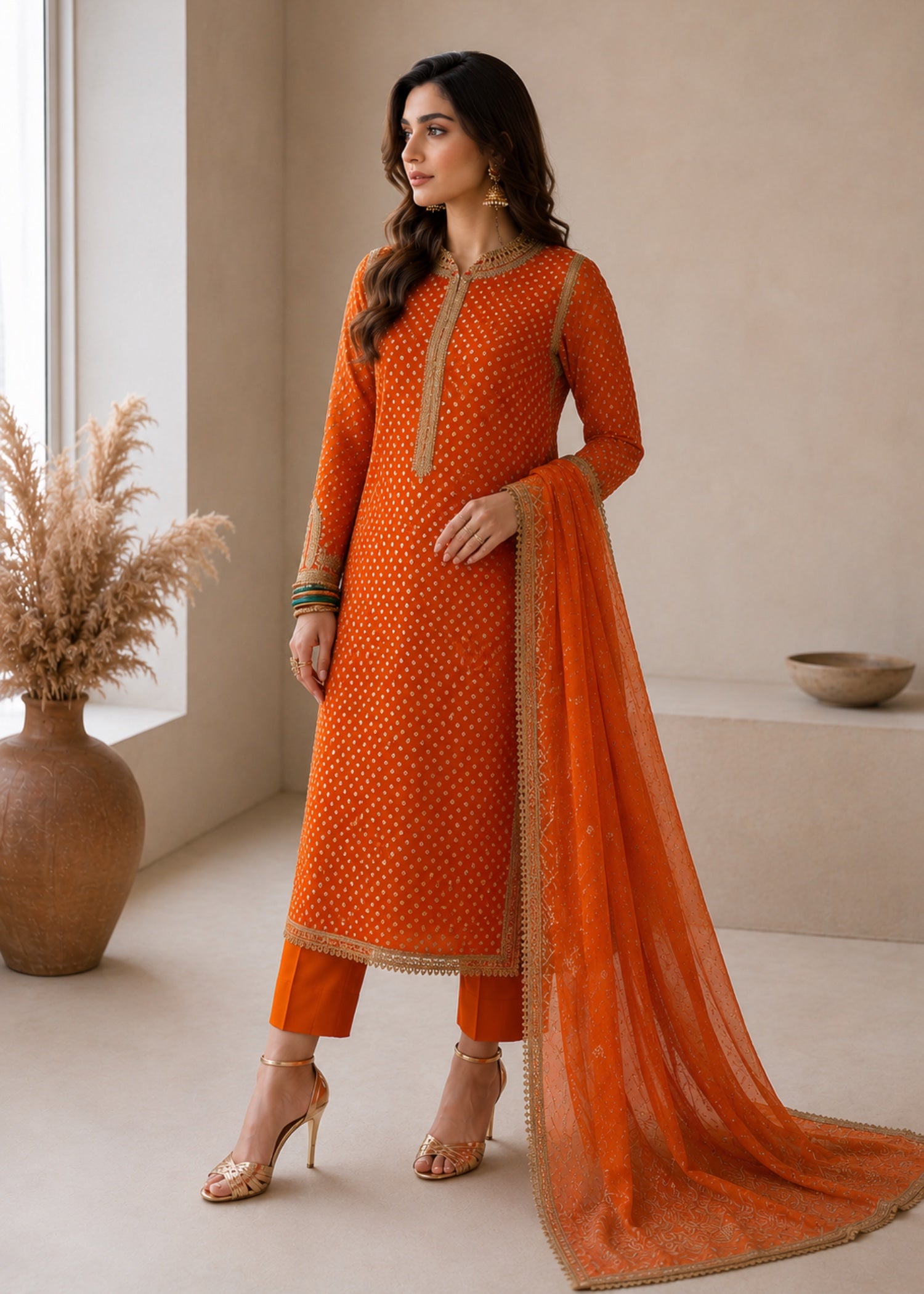 swiss lawn Kurta Set in Rust orange, orange