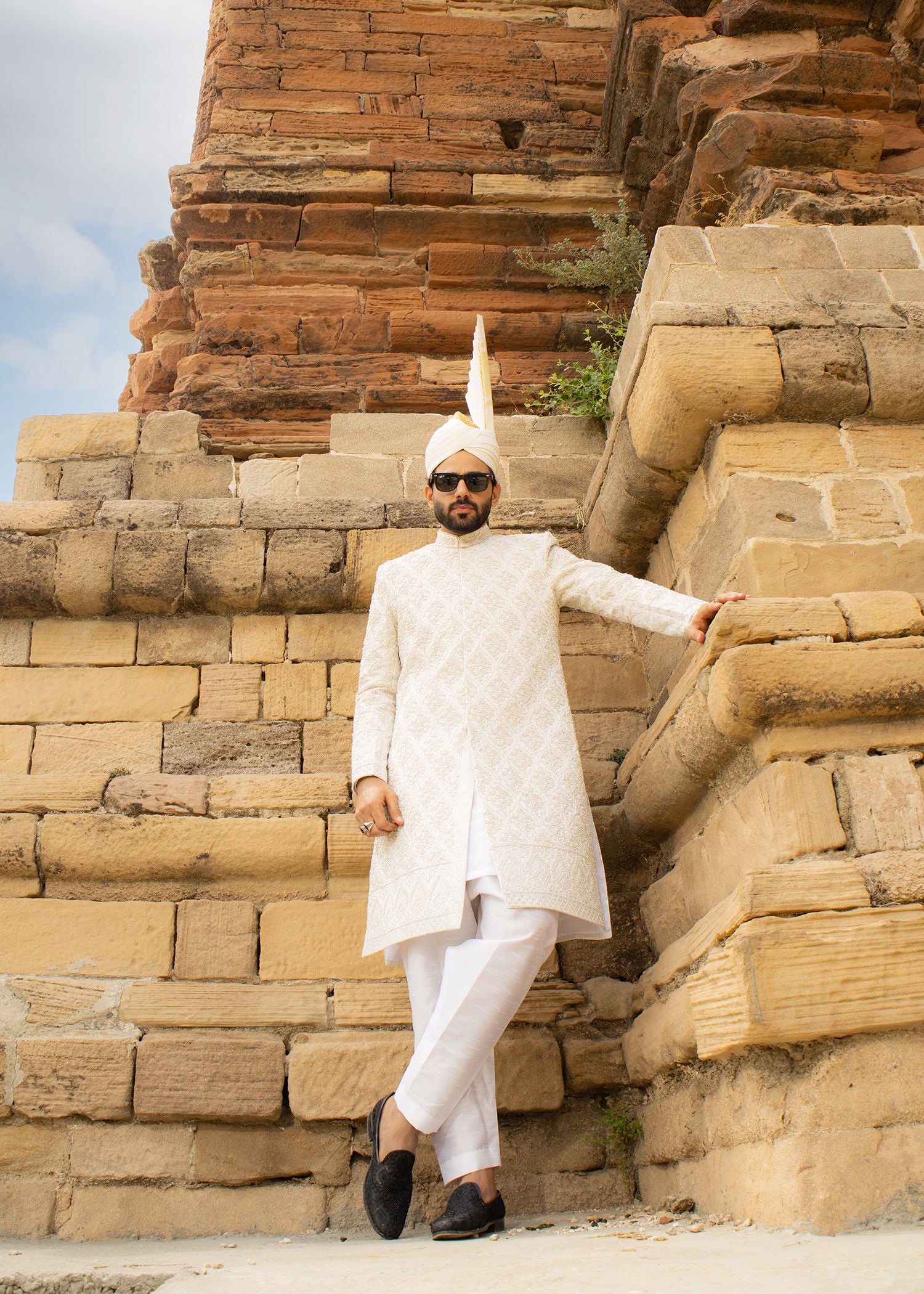 raw silk Sherwani in White