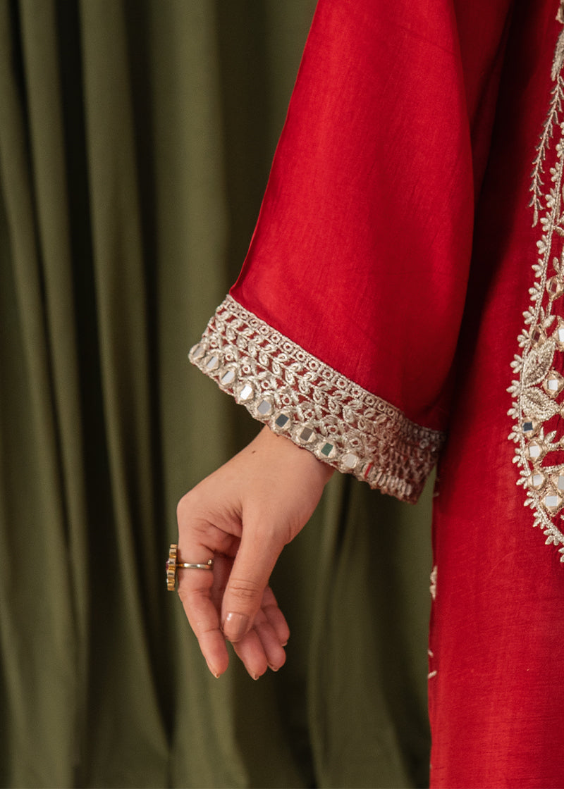 korean raw silk Kurta Set in Spicy red