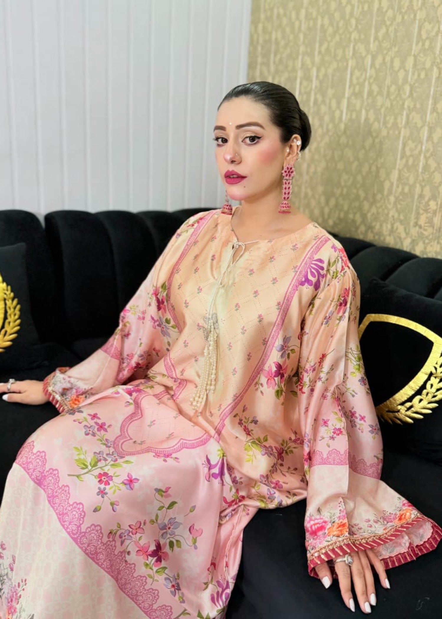 silk charmeuse Kaftan in Peach pink