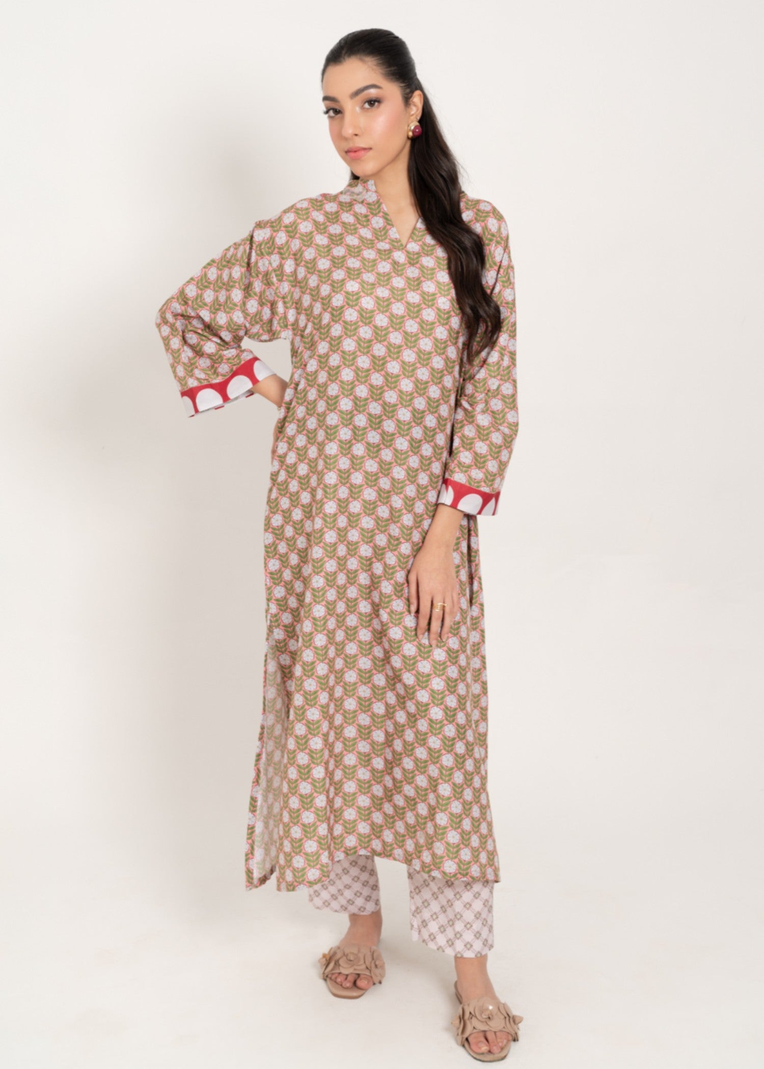 silk finish lawn Kurta Set in Wheat