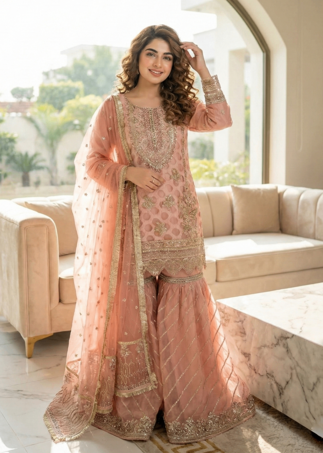 organza Gharara in Peach pink