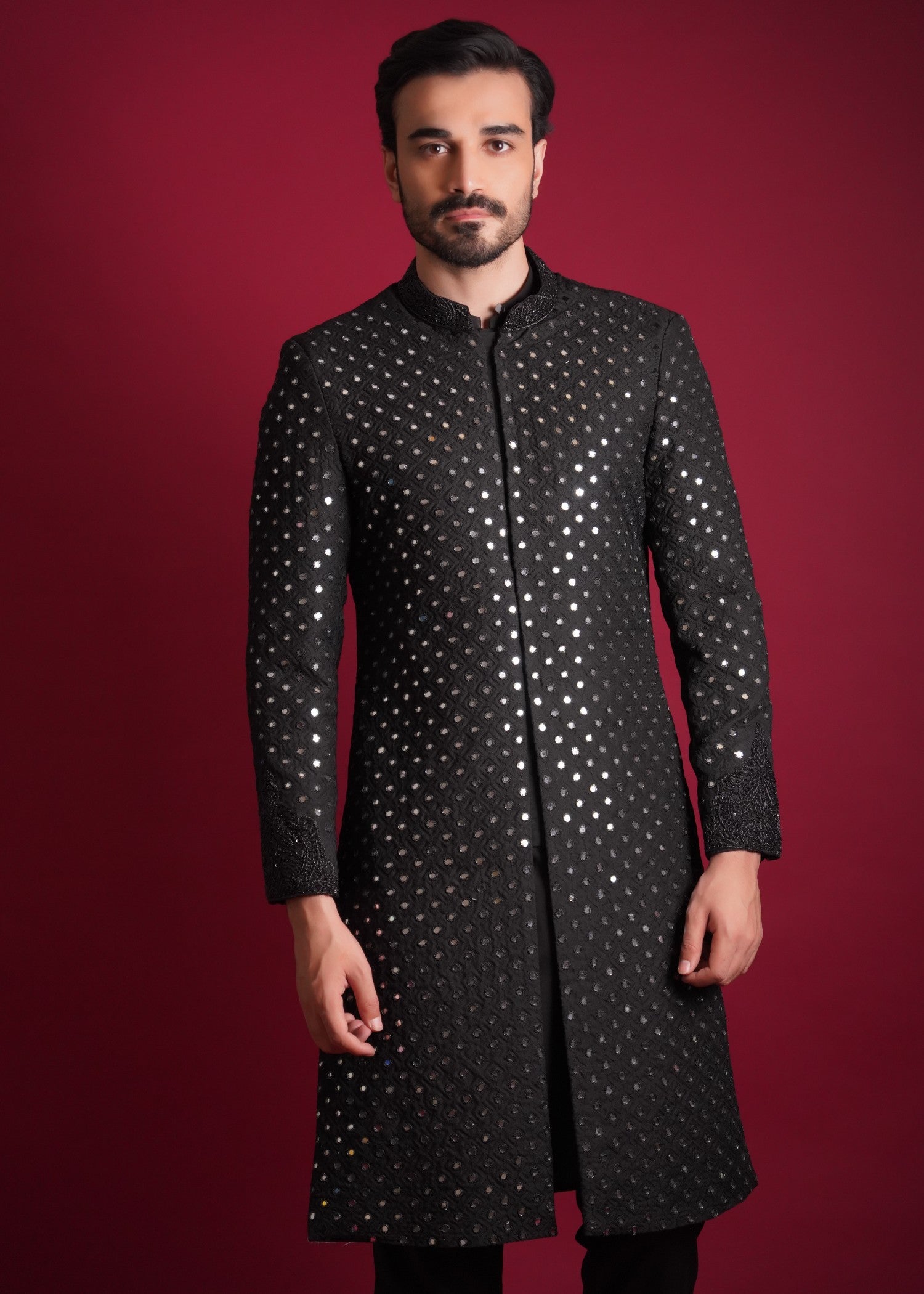 korean raw silk Sherwani in Black