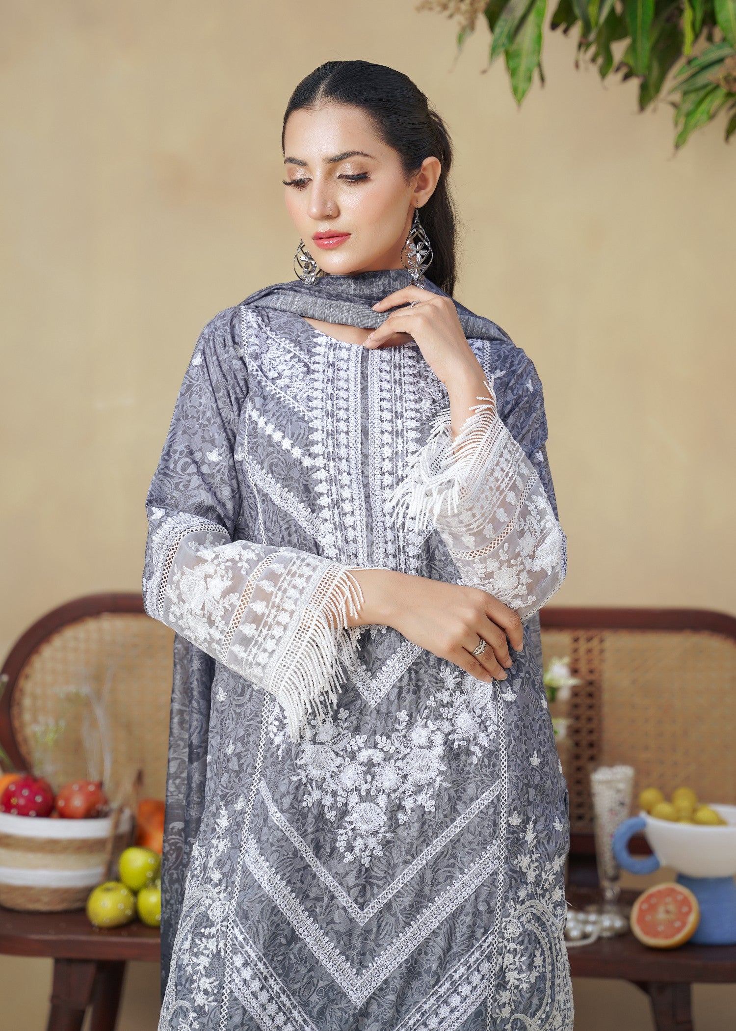 khaddi net Kurta Set in Cool grey