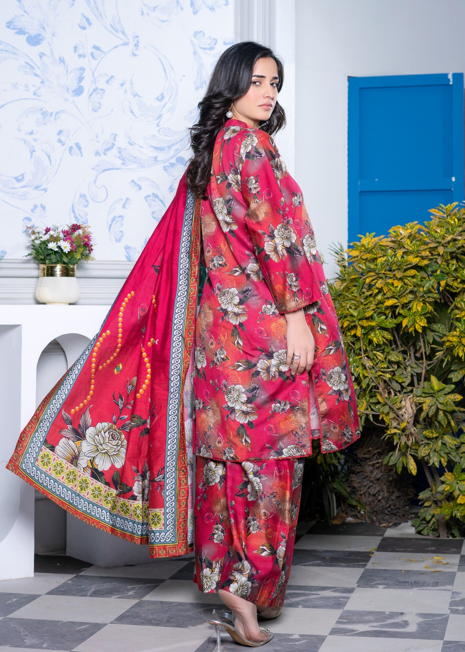 khaddi net Kurta Set in Ruby red