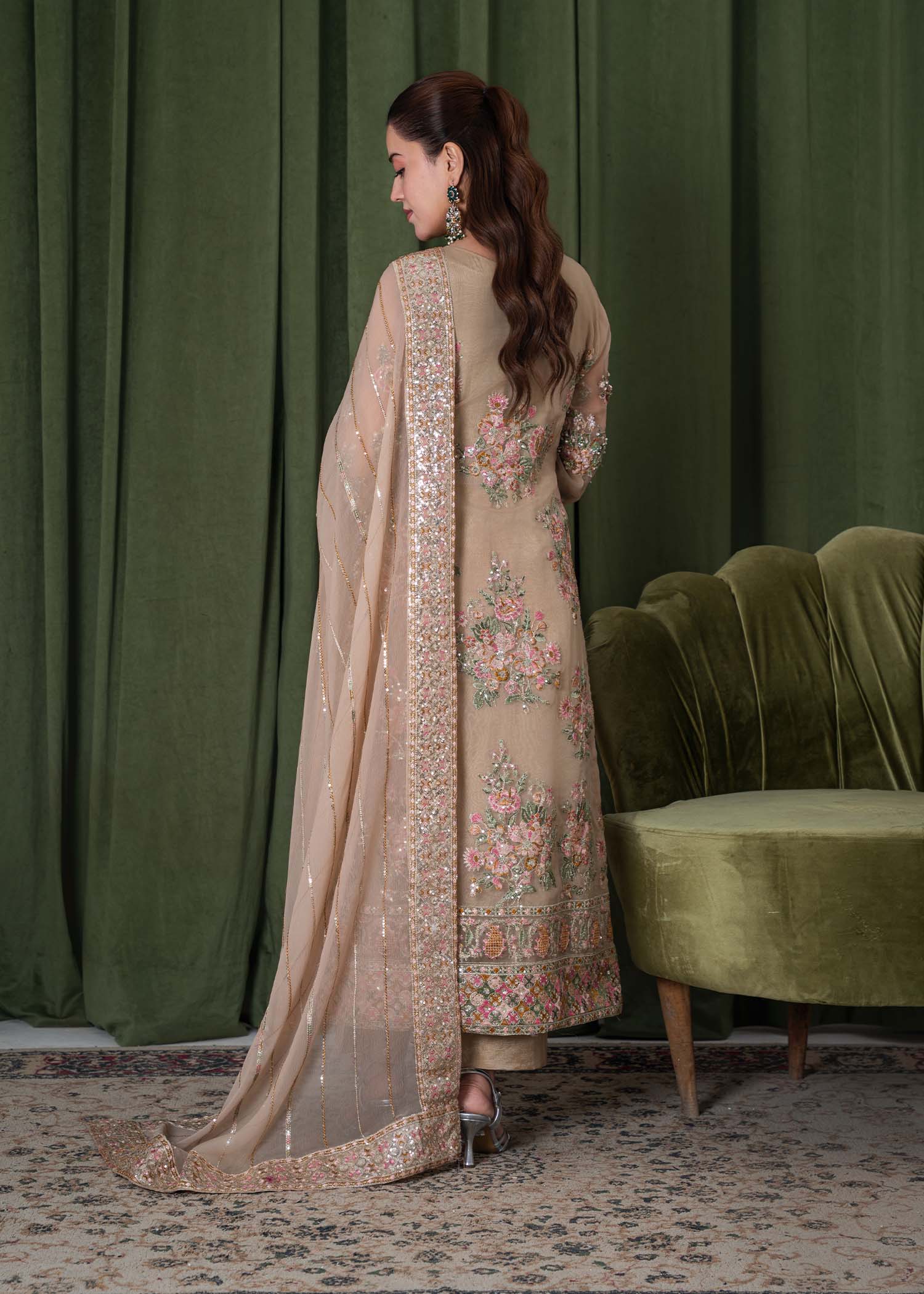 organza Kurta Set in Tan brown