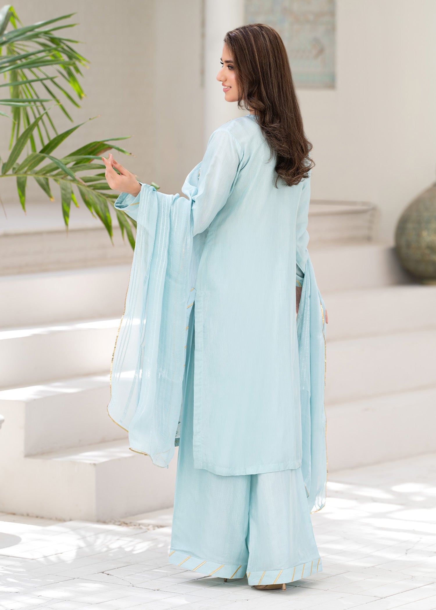 blended grip silk Kurta Set in Aquamarine