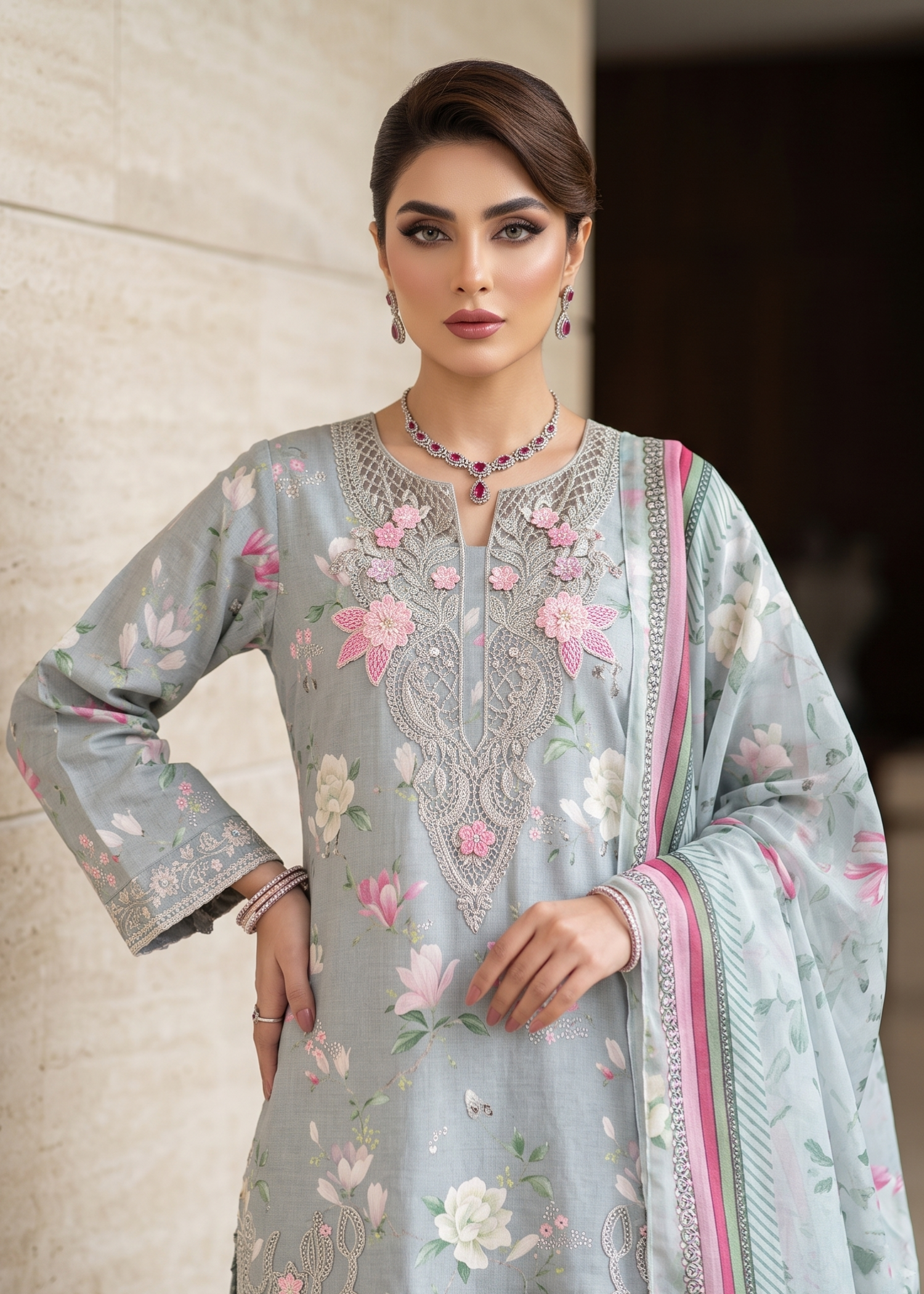 lawn Gharara in Ash grey