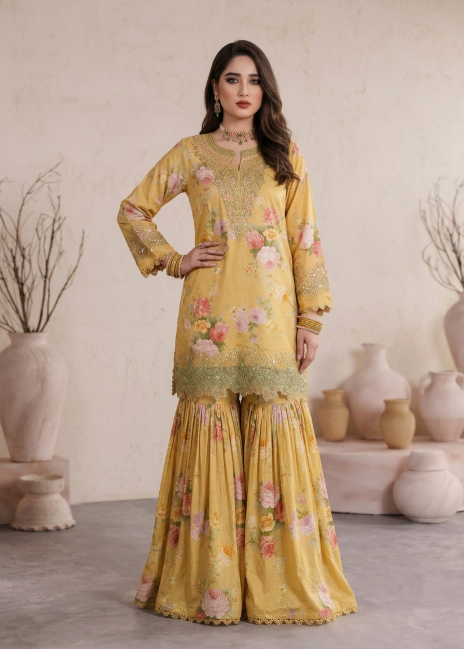 lawn Gharara in Yellow