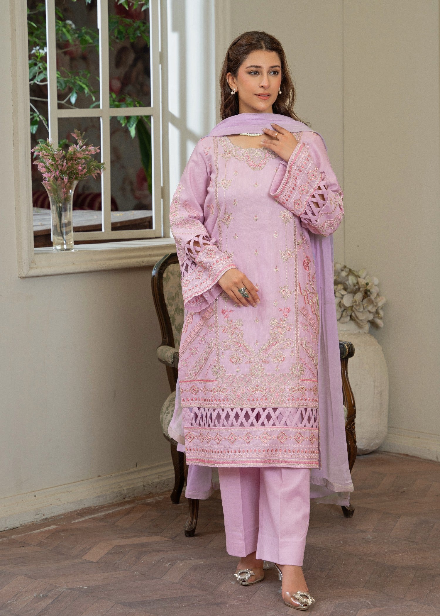ribbed lawn Kurta Set in Cotton candy