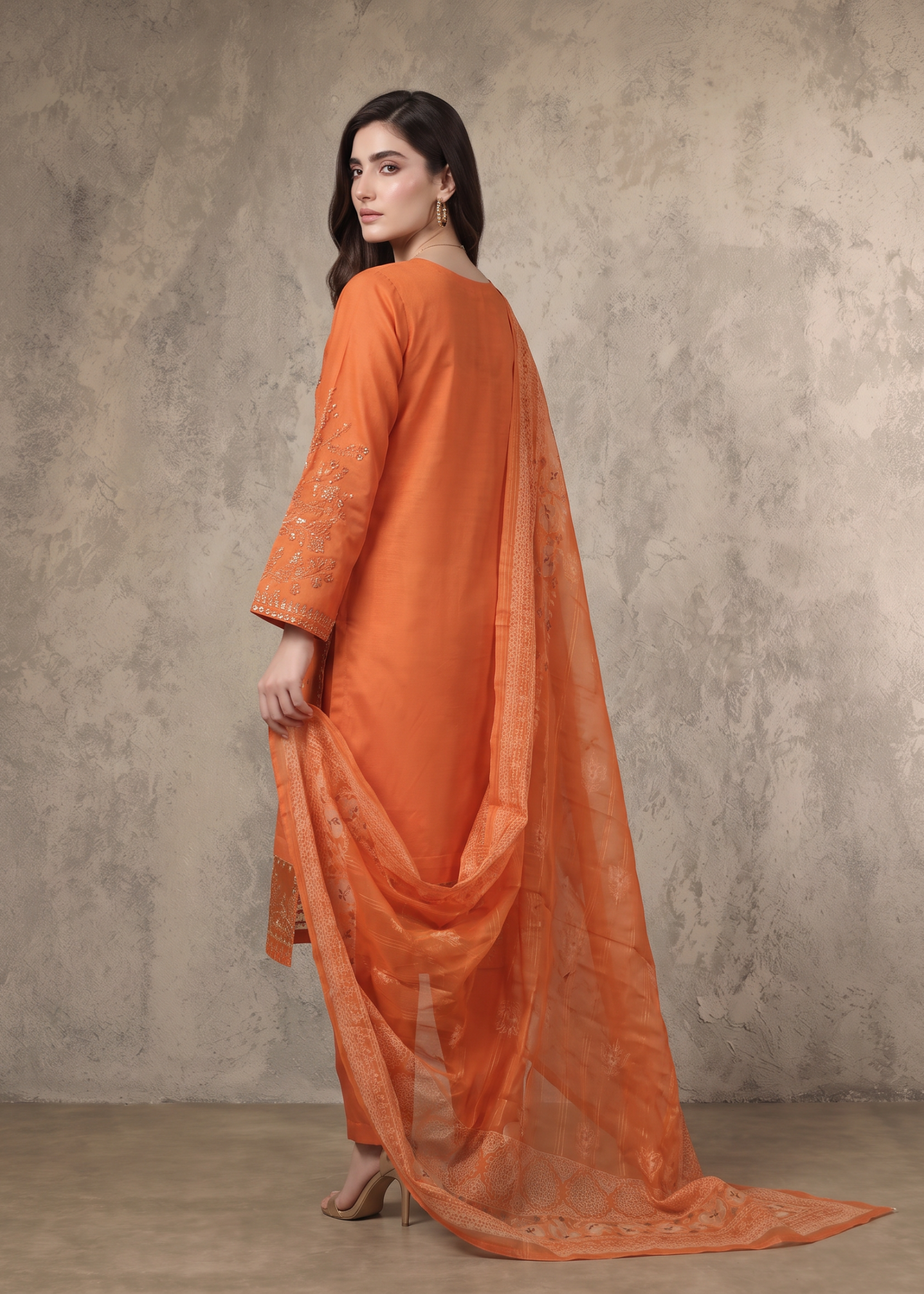 khaddi net Kurta Set in Coral pink