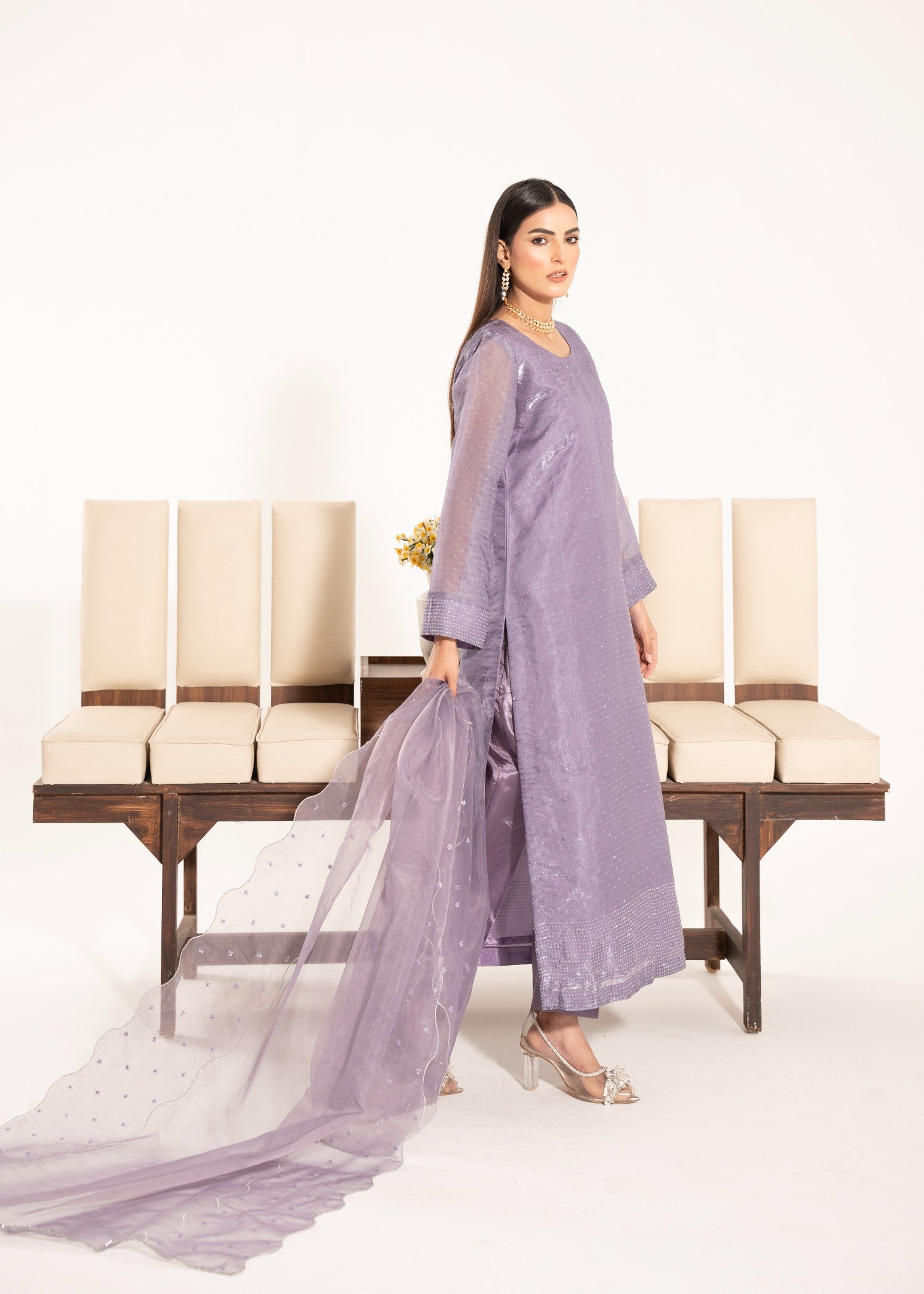 silk tissue Kurta Set in Lavender