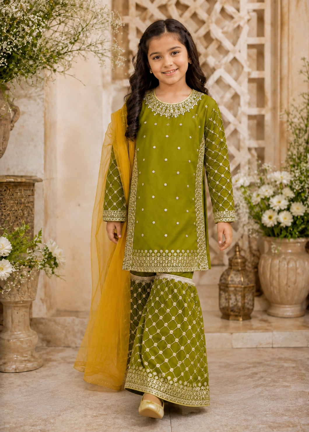 chiffon Gharara in Olive green