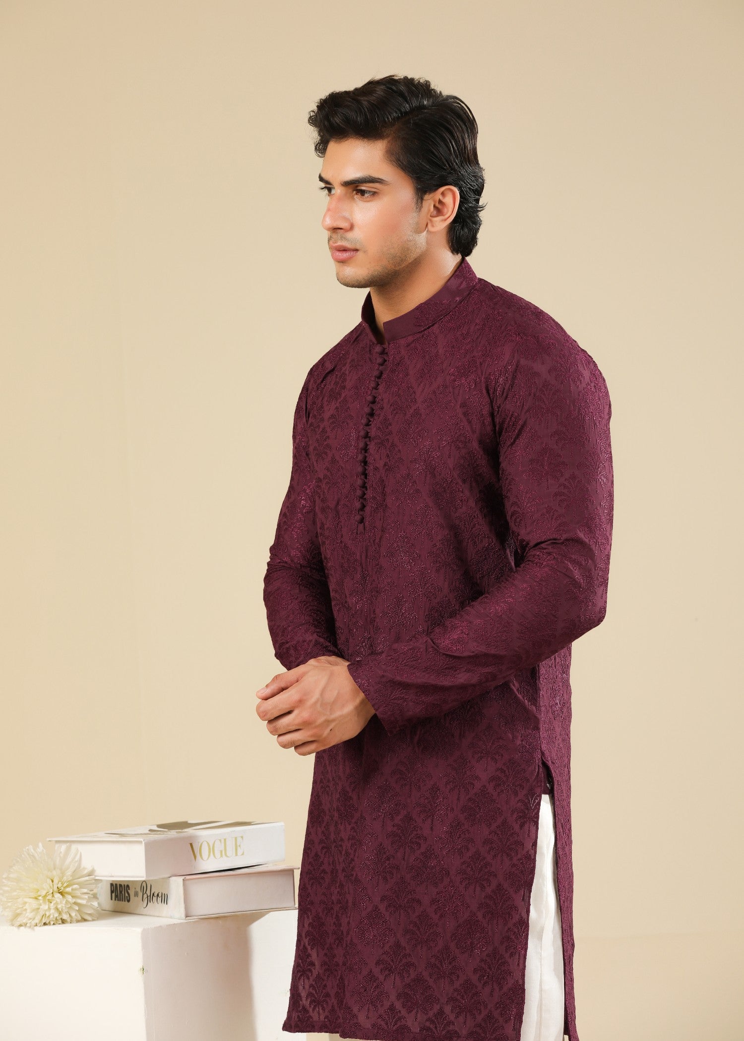 raw silk Kurta Set in Maroon, white