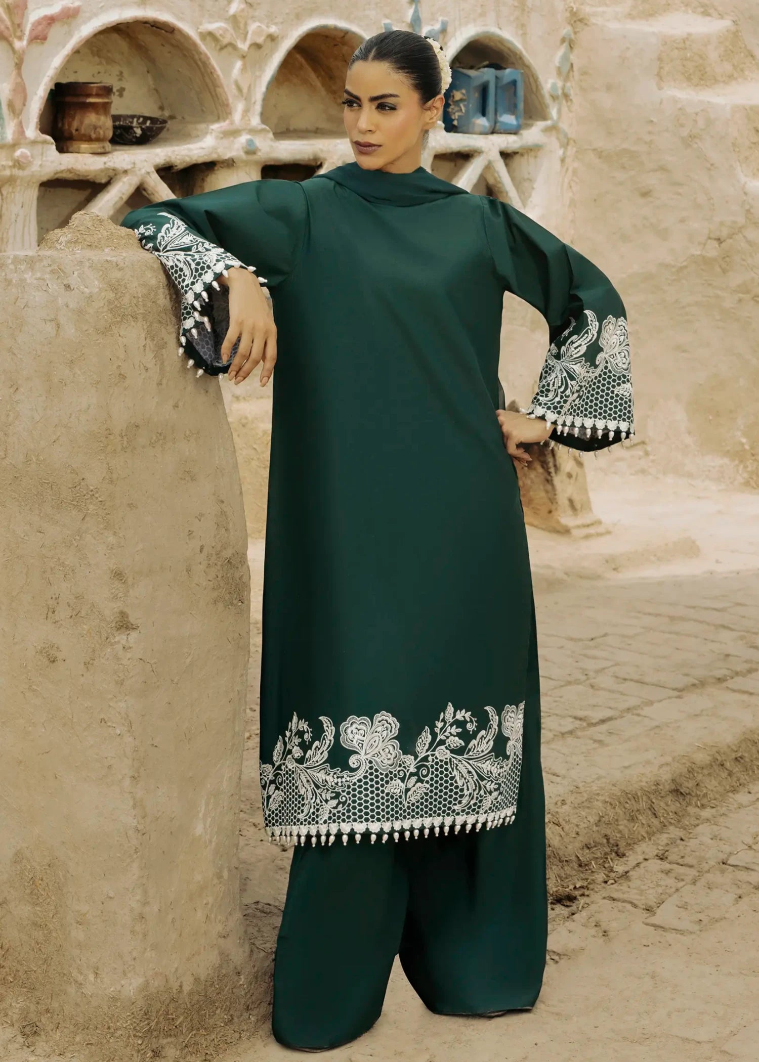 lawn cotton Kurta Set in Hunter green