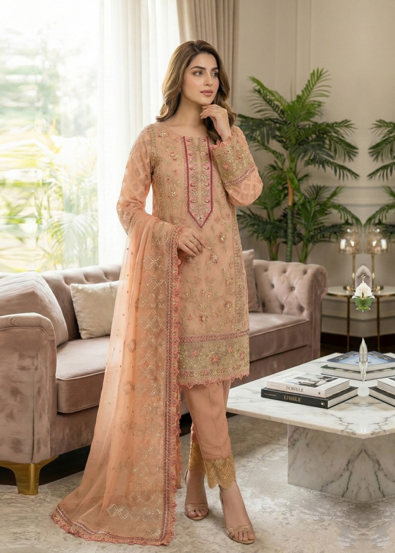 jacquard organza Kurta Set in Peach pink
