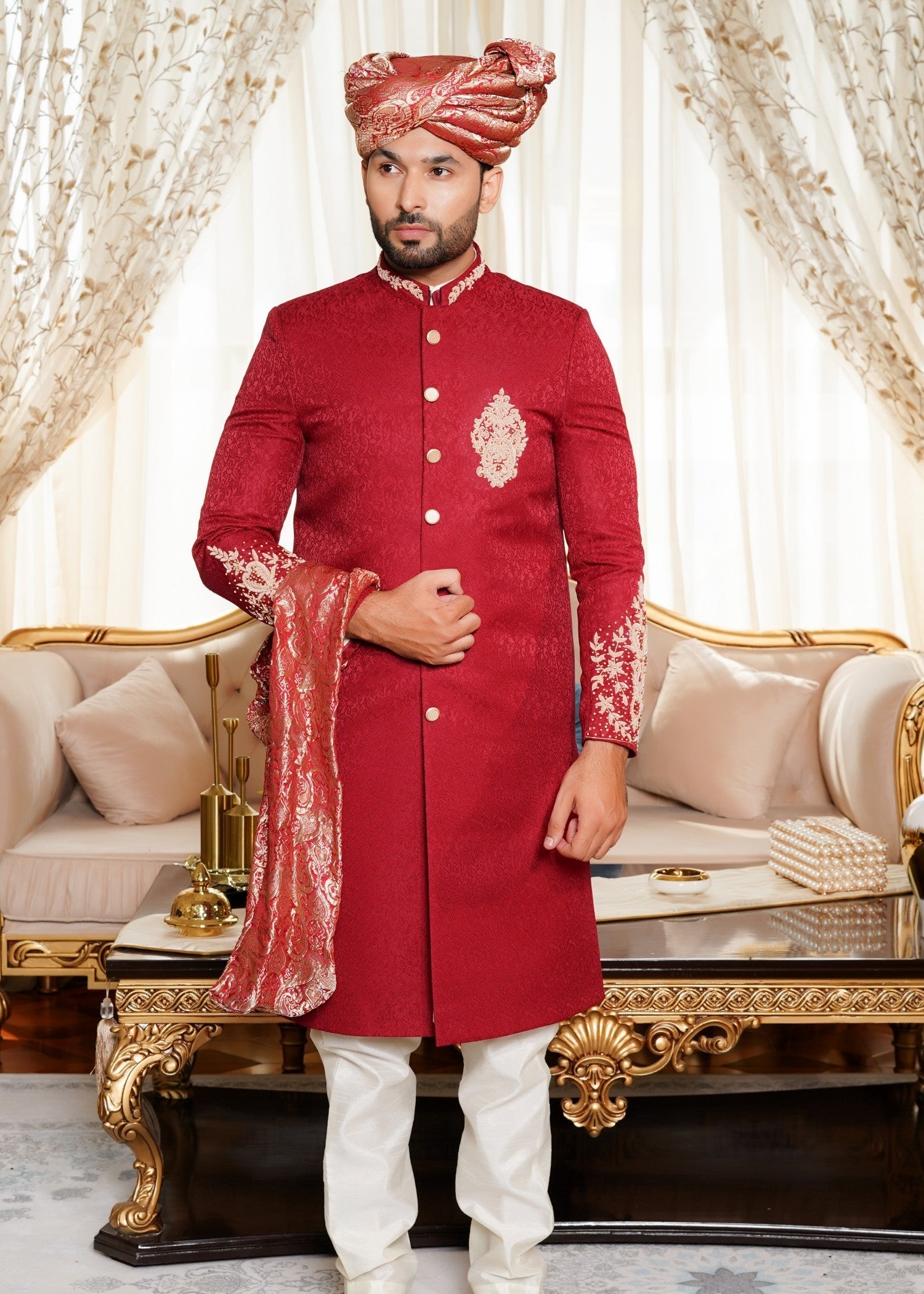 jamawar Sherwani in Maroon