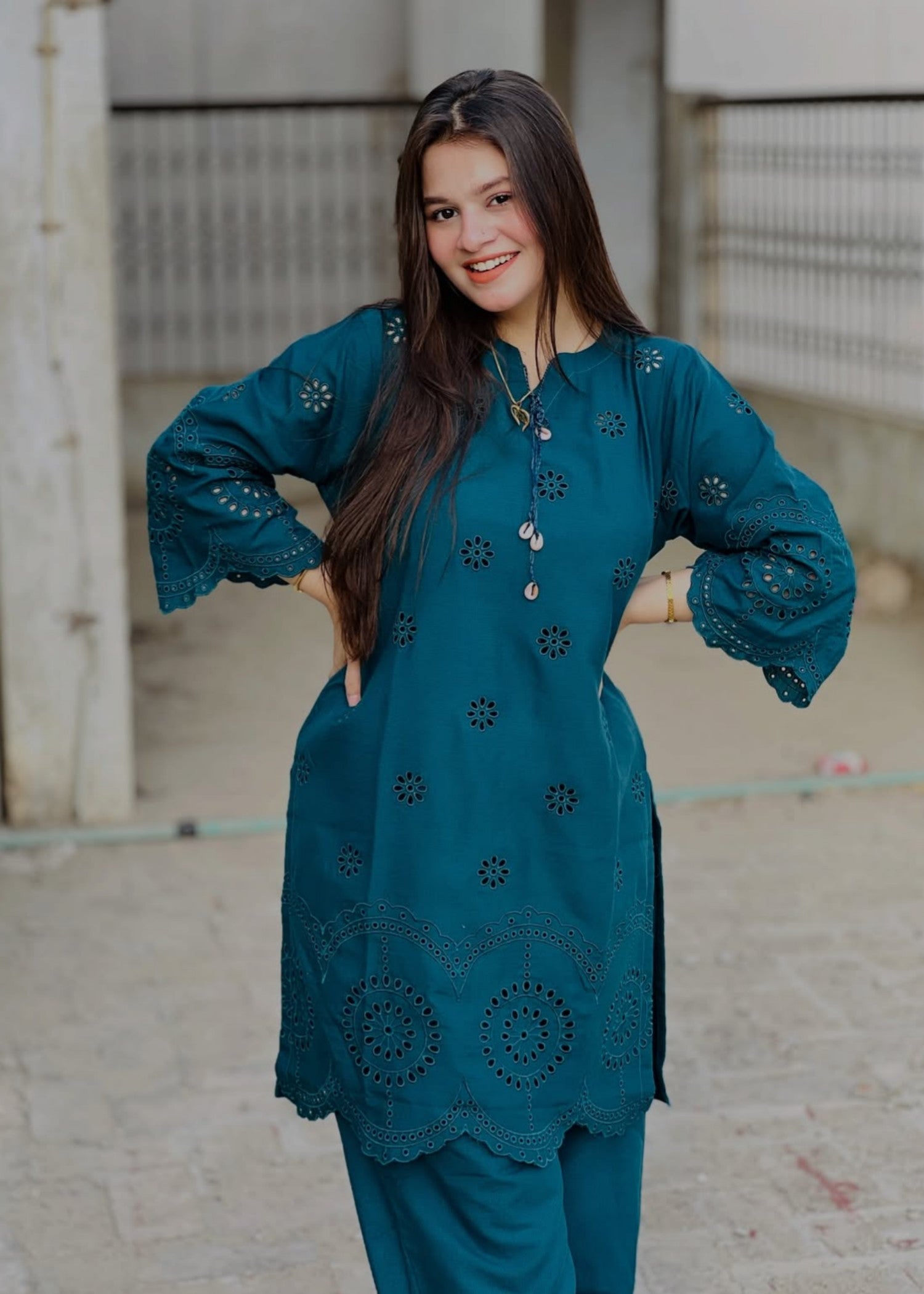 linen chambray Kurta Set in Dark cyan
