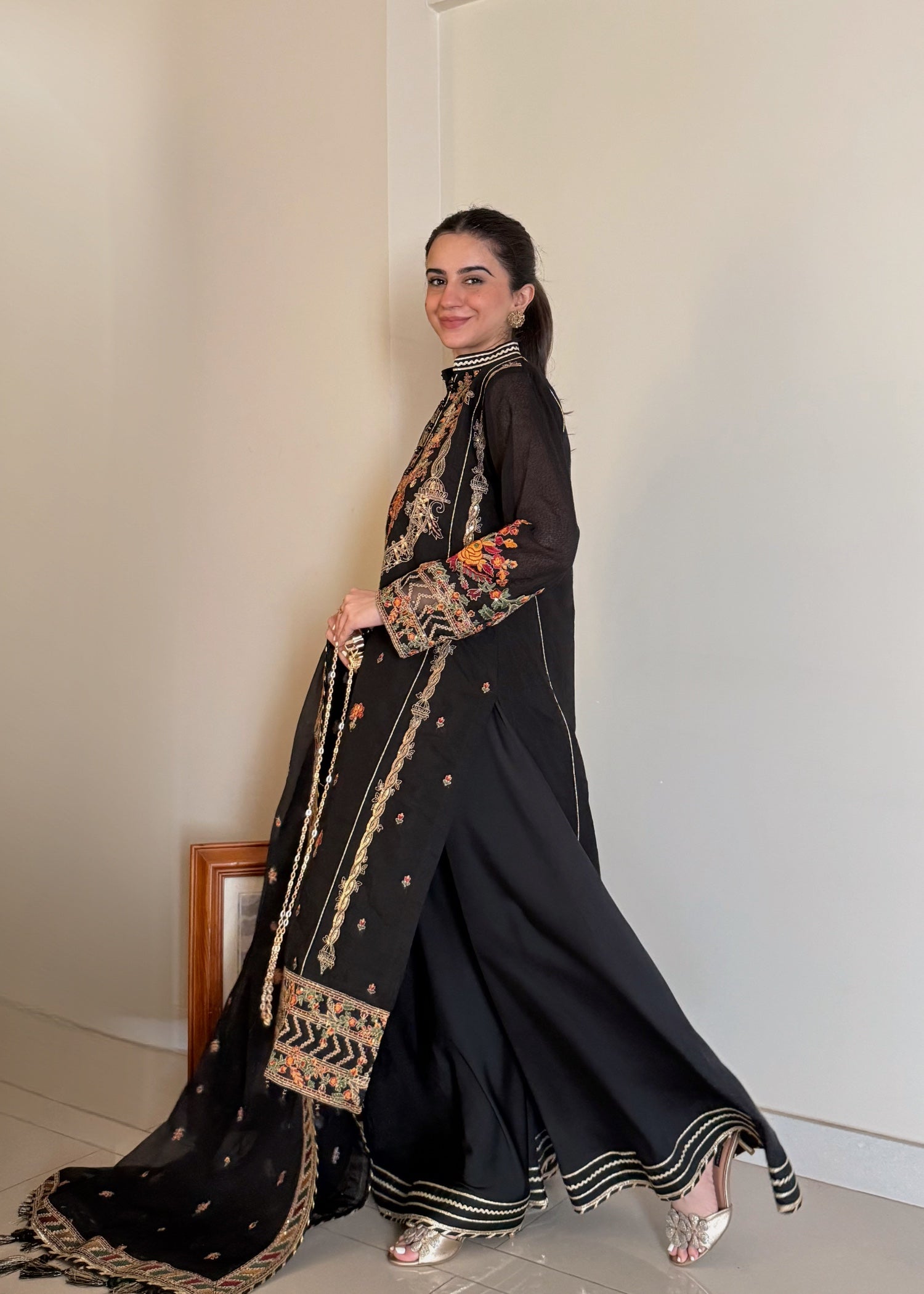 khaddi net Kurta Set in Jet black