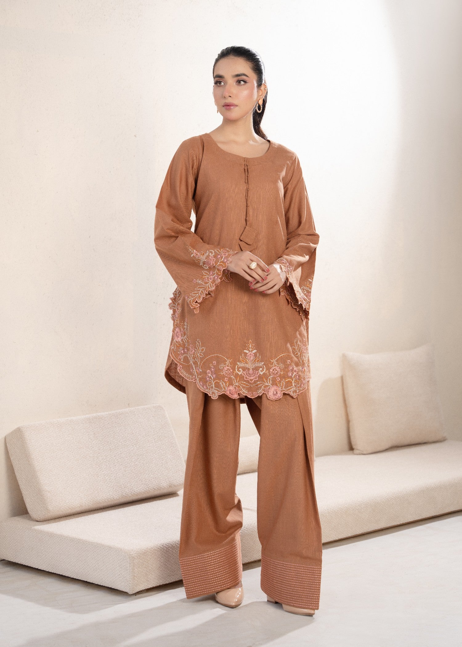 linen Kurta Set in Sand brown
