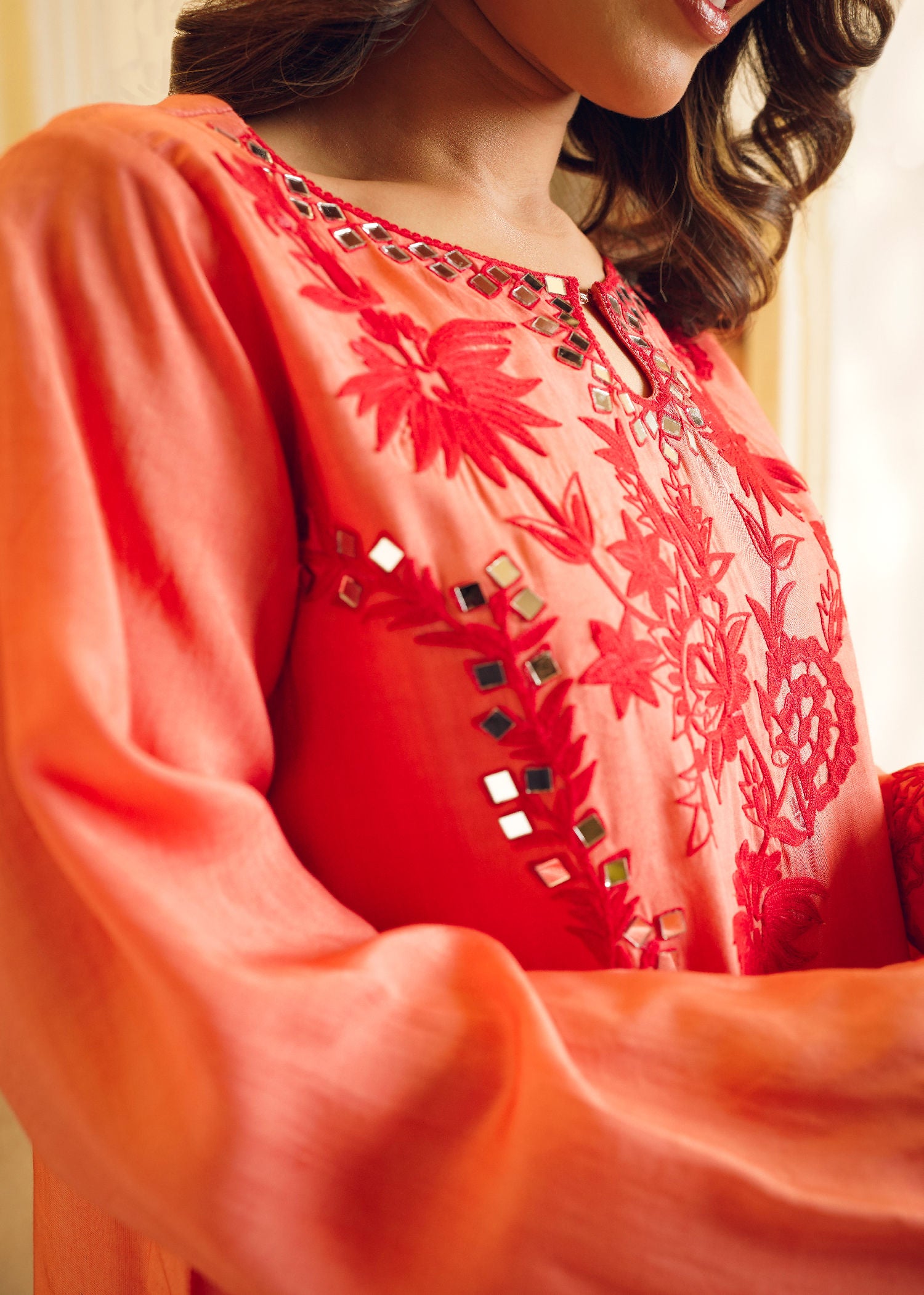 cotton silk Kurti in Coral orange